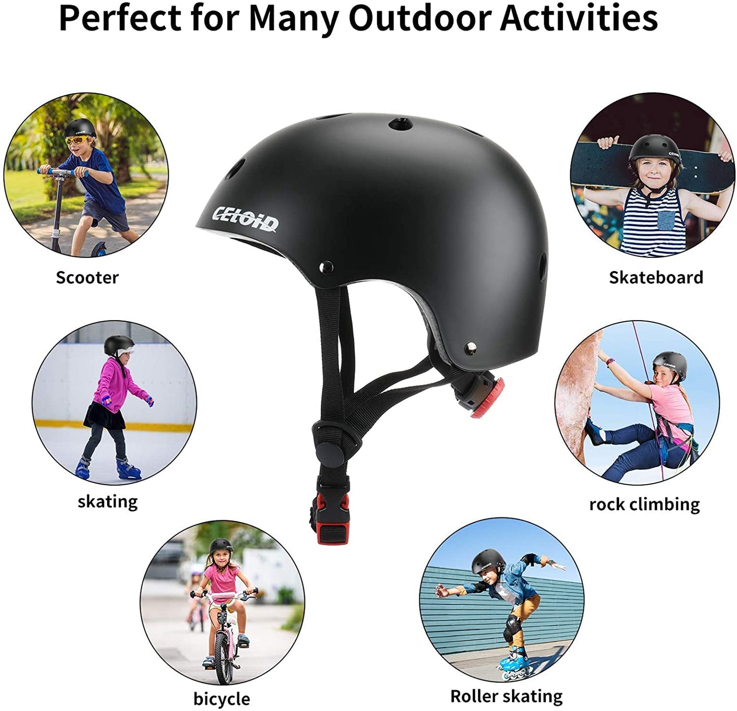 CELOID Kids Bike Helmet,Skateboard Helmets for Ages 8-10-14 Years Boys Girls,Adjustable Multi-Sport Bicycle Skateboarding Football Roller Skating Scooter Balance Bike Helmet,Black