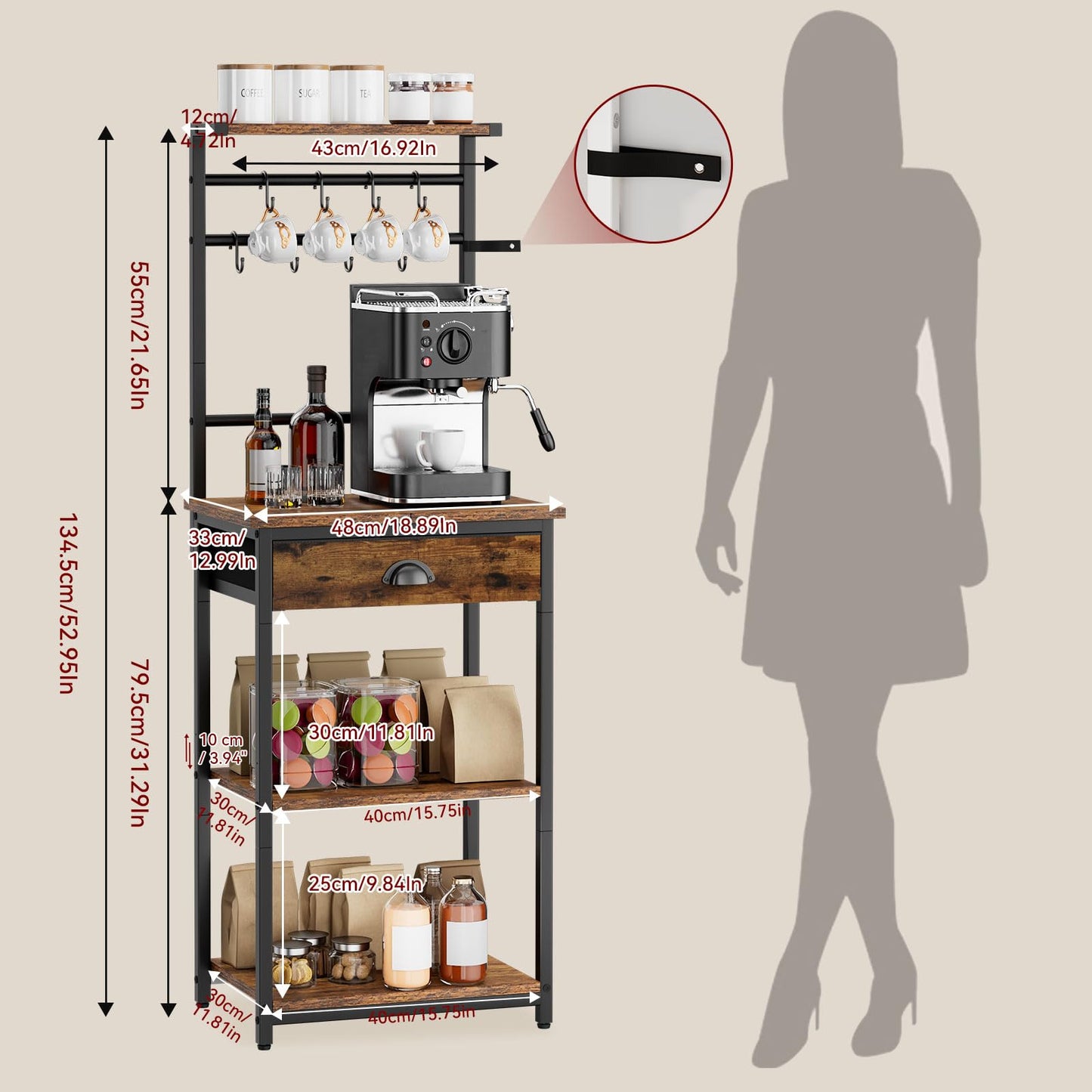 YMYNY Kitchen Shelf, Baker's Rack, Coffee Organiser, Coffee Bar, 5 Shelves, 8 Hooks, Fabric Drawers, Steel Frame, 43 x 33 x 134.5 cm, for Kitchen, Living Room, Vintage HBR009H