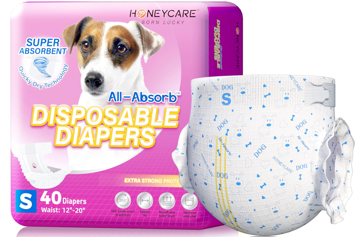 HONEY CARE All-Absorb Disposable Female Dog Diapers Small Size, Improved, 40 Count, Super Absorbent, Breathable, Wetness Indicator, WHITE AND BLUE , S (Pack of 1)