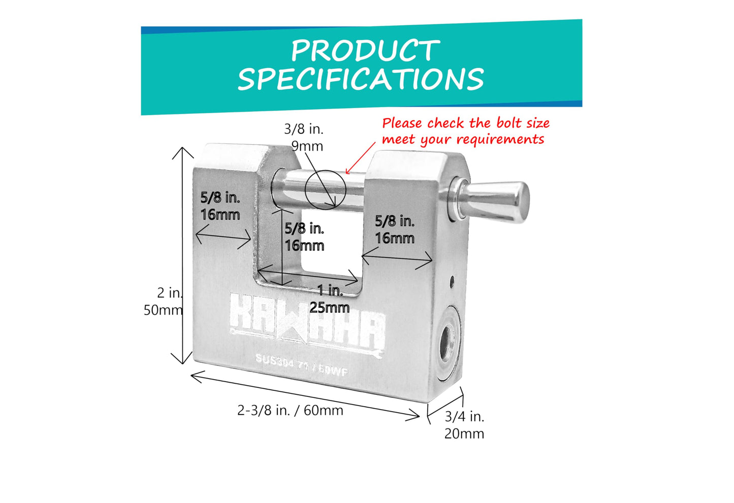 KAWAHA 71/60KD-3SK Stainless Steel D-Shaped Heavy Duty Padlock with Key for Garage Door, Containers, Shed and Warehouse (2-3/4 inch, Keyed Different - 3 Stainless Steel Keys)