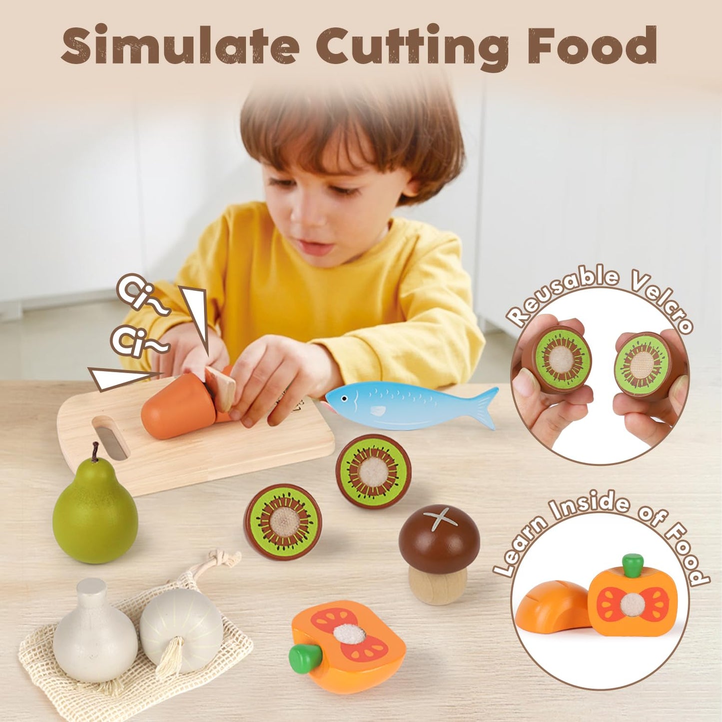Lehoo Castle Wooden Play Food Toys, Kids Play Kitchen Accessories Toddler Cutting Fruits Vegetables Toy with Shopping Bag, Pretend Play Educational Montessori Toy Gift for Boys Girls 3+