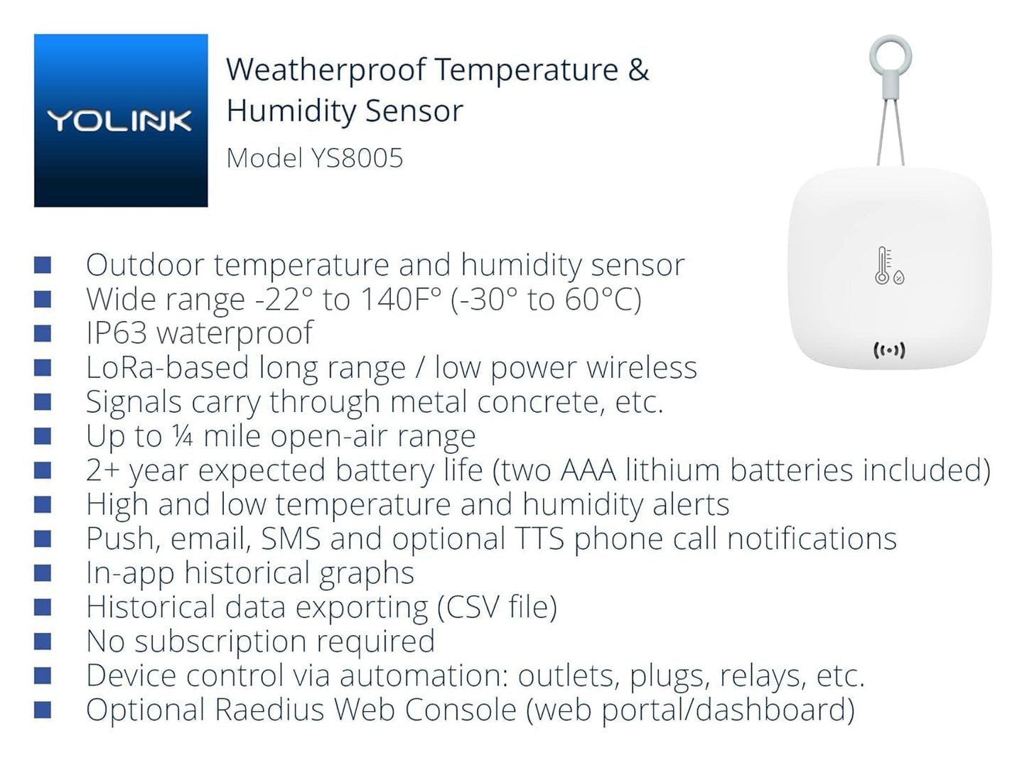 YoLink Smart Outdoor Temperature & Humidity Sensor, Hygrometer, Thermometer, 1000' Long Range, 2+ Years Battery Life, Remote Monitoring Alerts, Alexa, IFTTT Integration. Hub Required!