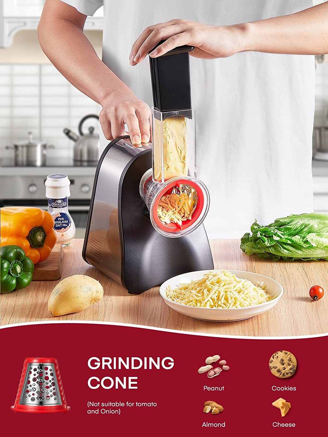 FOHERE Electric Cheese Grater, Electric Grater Shredder with 4 Interchangeable Cones, One Touch Easy Control, Multi Salad Maker for Vegetables, Cheeses and Nuts, 150W