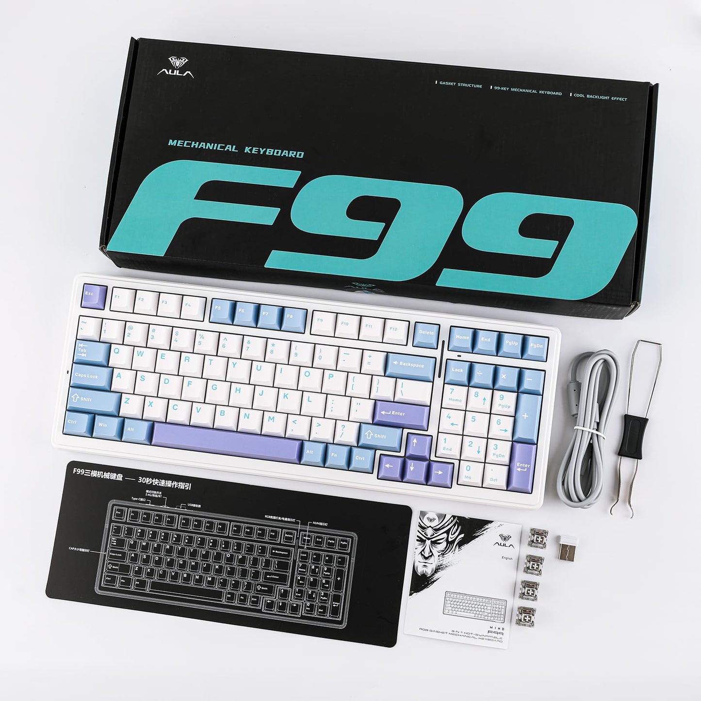EPOMAKER x Aula F99 Wireless Mechanical Keyboard, Hot Swappable Gasket Custom Gaming Keyboard with Five-Layer Padding, Bluetooth/2.4GHz/USB-C, 8000mAh Battery (White Light Blue, Nimbus V3 Switch)