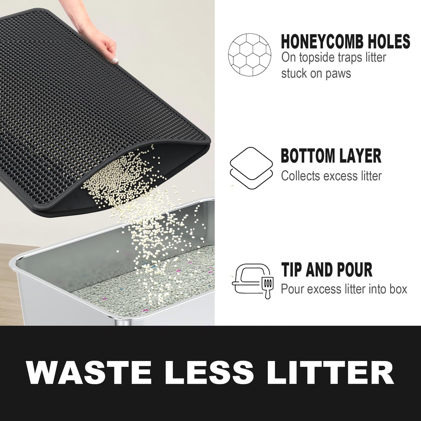 ZuHucpts Large Cat Litter Mat Trapper -90 x 61 cm1 Pack Honeycomb Double Layer Litter Mat -Traps Messes, Easy Clean and Durable, Non Toxic Trapper Rug Suitable for Litter Tray (Black)