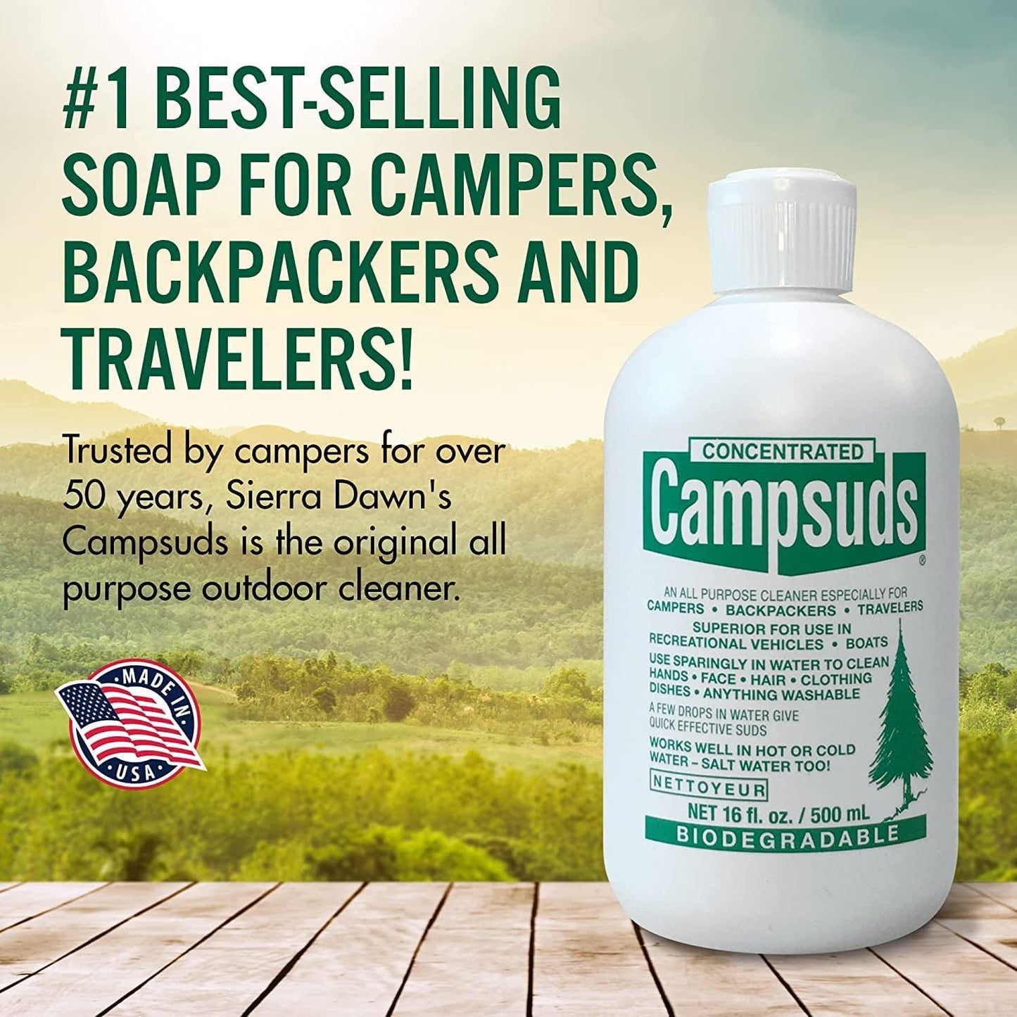 CONCENTRATED CAMPSUDS Sierra Dawn Outdoor Soap - Eco-Friendly Camping Soap - Hiking & Camping Supplies - Camp, Backpacking & Travel Soap - 16 Fl Oz