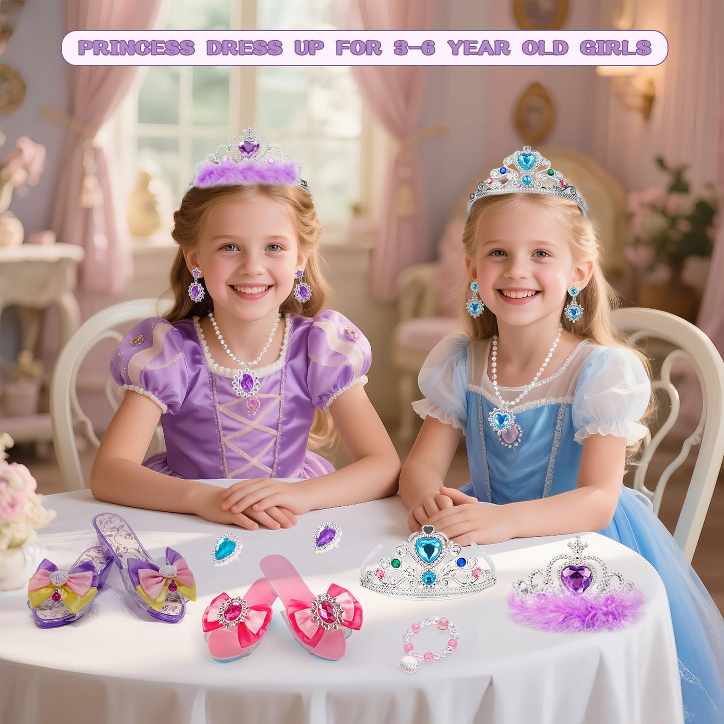Hechify Princess Dress Up for Girls Ages 3-6, with Crystal Shoes, Crowns, Necklaces, Earrings, Rings, Bracelet and Handbag, Multicolour, Princess Toys for Kids Birthday Gift