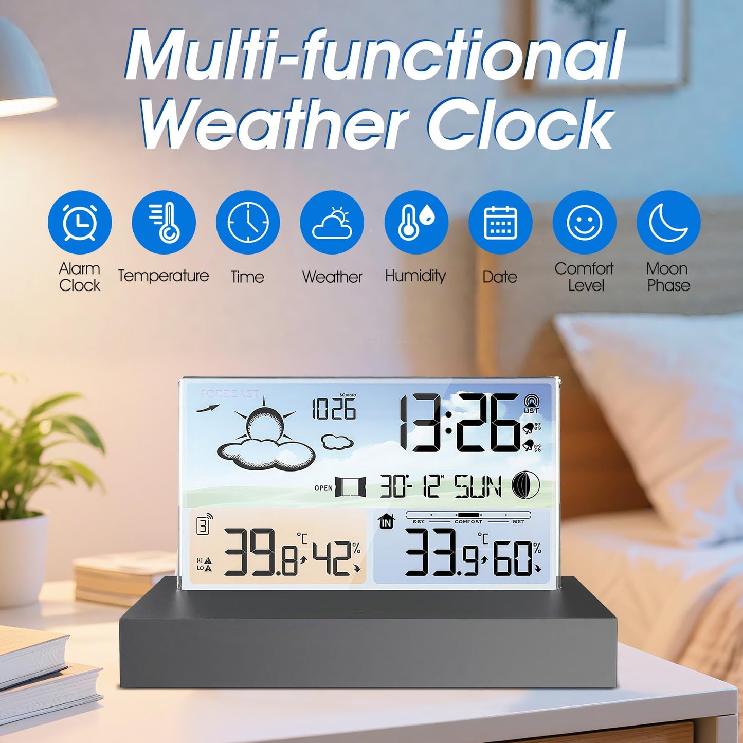 GOYERRNES Weather Station Clock with Indoor Outdoor Temperature and Humidity Monitor, Forecast, Dual Alarm, Backlight, 12/24H Time, Max/Min Records, Frost Alert Wireless Weather Stations Clock