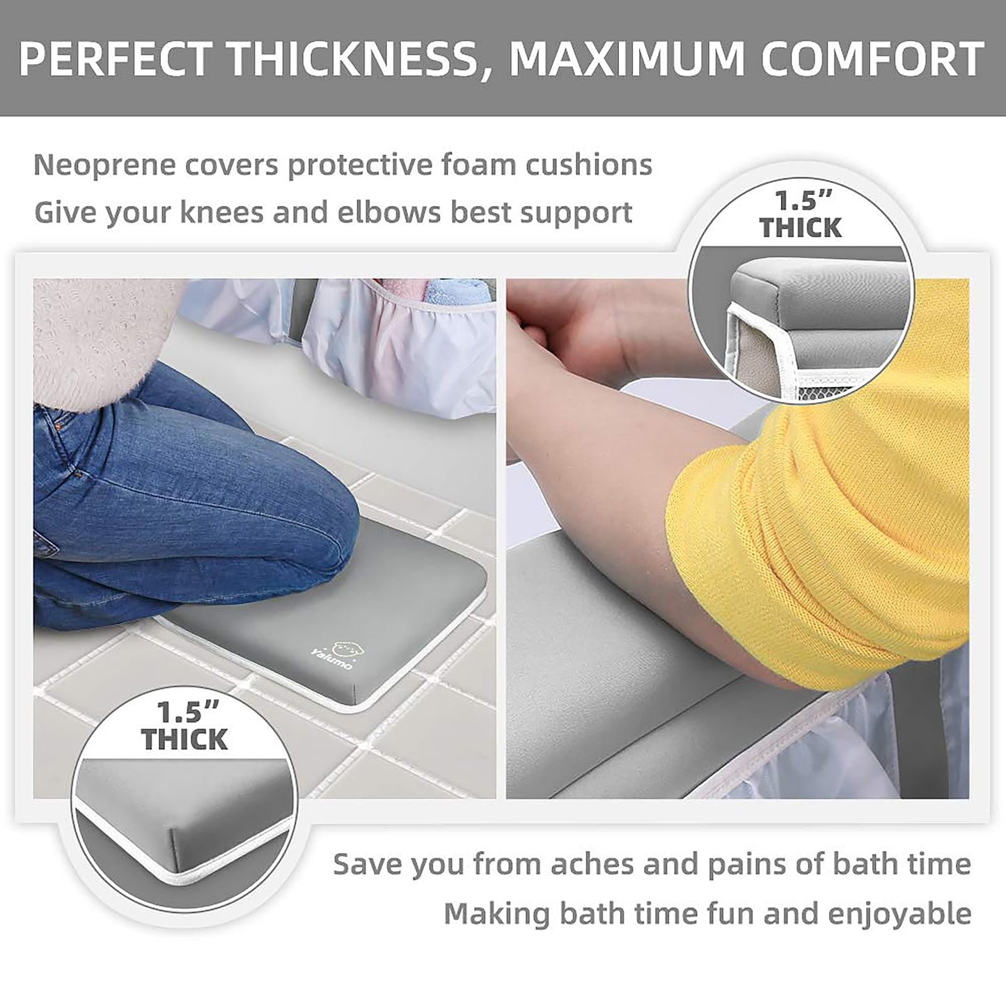 Bath Kneeler and Elbow Rest Pad Set for Baby Bathtub, Thick Non-Slip Bathing Kneeling Mat Cushion Quick Drying Bathtub Knee Saver with Arm Support and Pockets for Bathroom Time Comfort, Gray