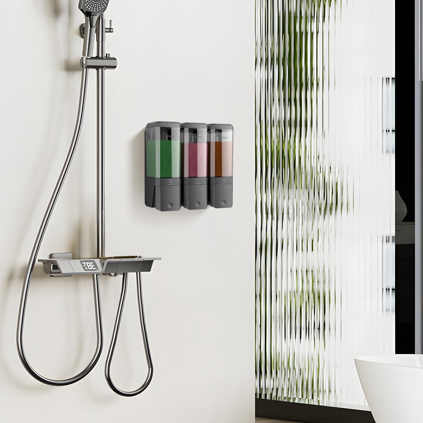 Shampoo and Conditioner Dispenser Wall Mounted, Shower Soap Dispenser No Drill Upadate Easy Slot Install, Shampoo Dispenser for Shower Bathroom Large Capacity 500ml * 3 Chamber Holder Gungray