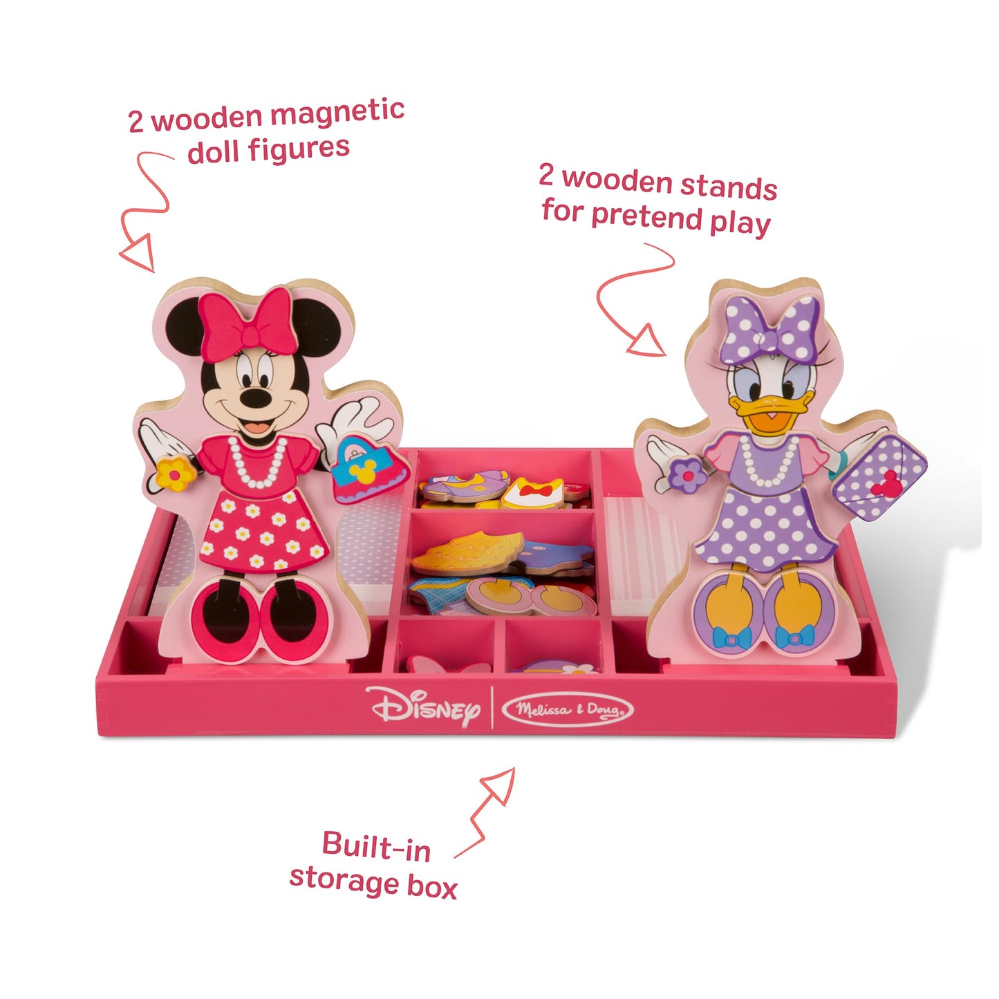 Melissa & Doug Disney Minnie Mouse and Daisy Duck Magnetic Dress-Up Wooden Doll Pretend Play Set (40+ pcs) Minnie Mouse Toys, Disney Dress Up Dolls for Preschoolers and Kids Ages 3+