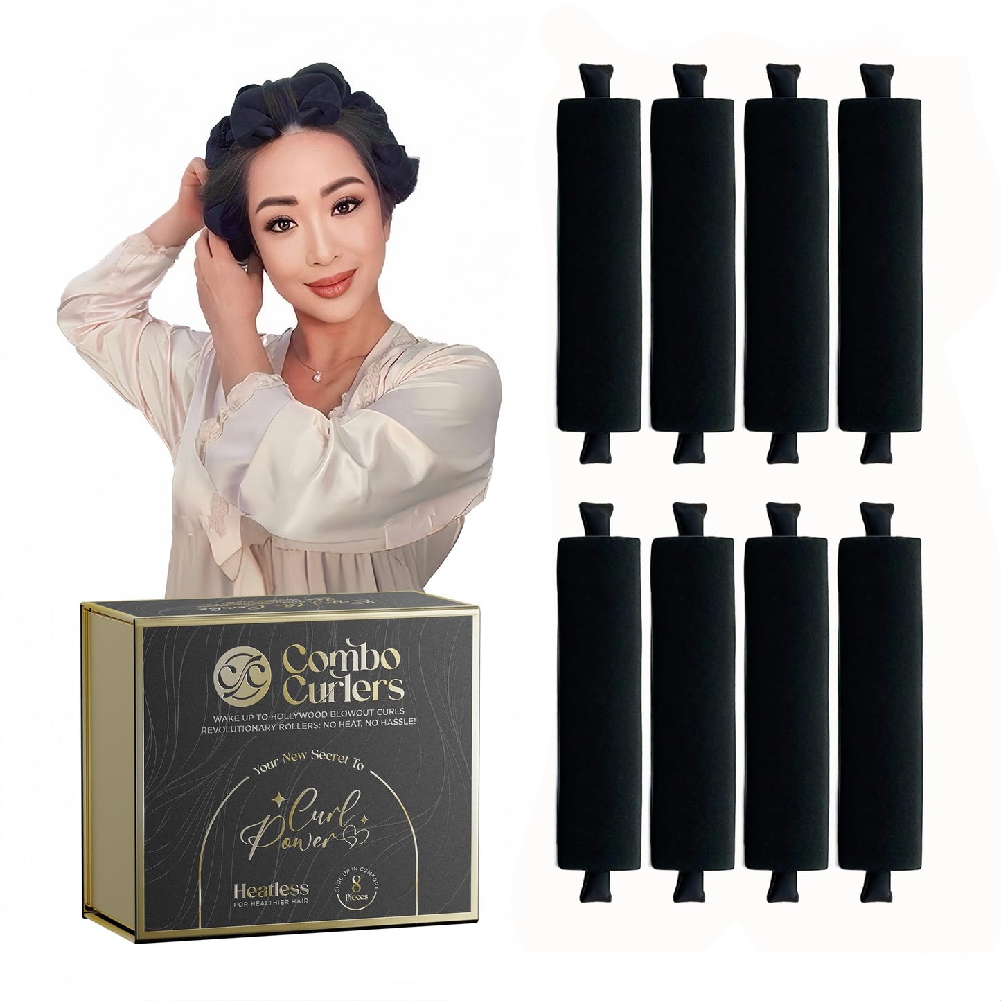 Heatless Hair Curlers – Overnight Foam Rollers for Sleeping, No Heat Curlers for Women, Satin-Wrapped Ends & Soft, 8pc Set for Hollywood Blowout Curls (Black)
