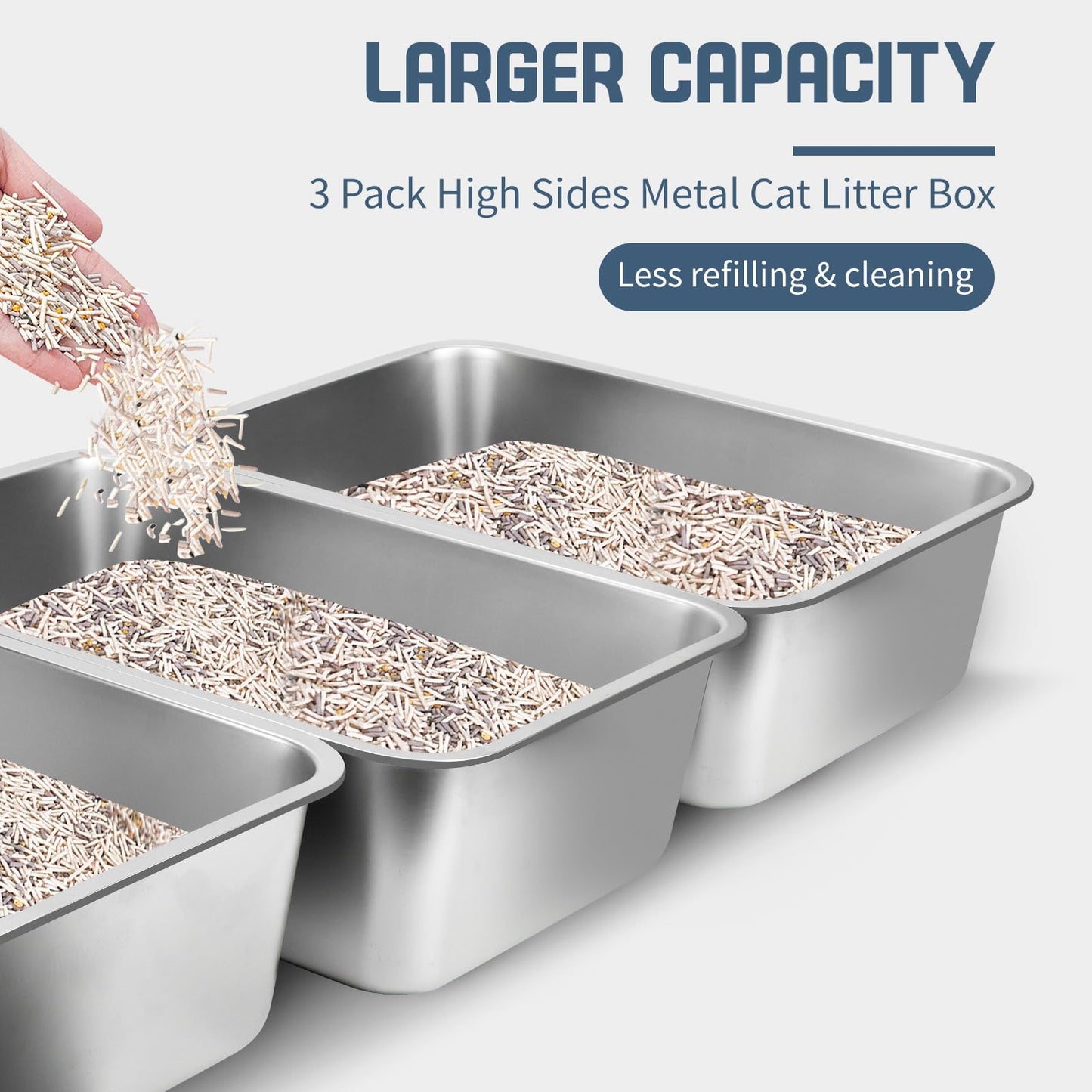 Bartuke 3 Pack Stainless Steel Litter Box, 50x 35x 15cm Large Metal High Sided Cat Litter Pan, Stainless Steel Box Splash-Proof and Non-Stick Cat Poop Box odorless