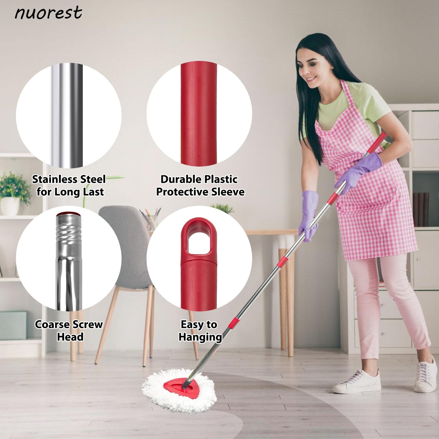 Nuorest Spin Mop Replacement Set for O-Ceda EasyWring 1-Tank System, Includes 2 Mop Head Replacement, 1 Mop Handle (30-58in Adjustable 4-Section Pole), 1 Spin Base