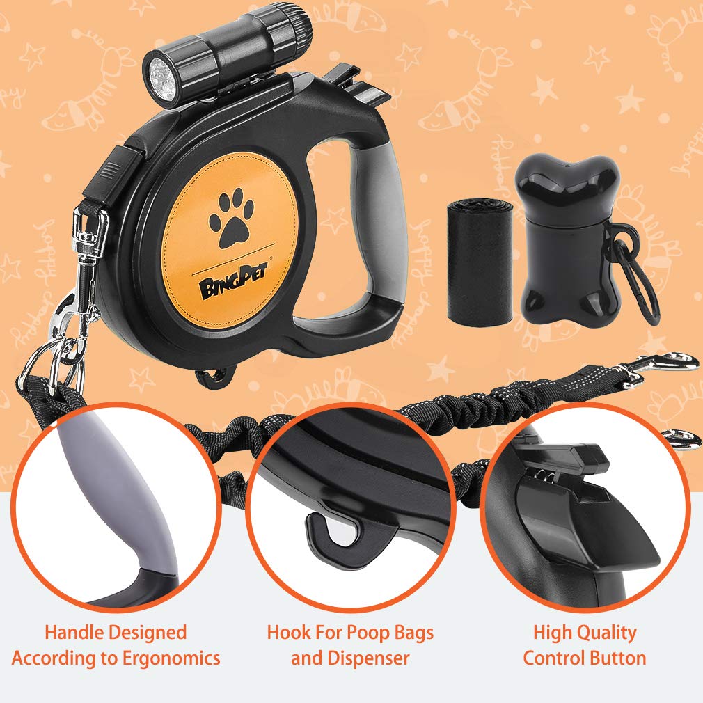 BINGPET Dual Retractable Dog Leash for Dogs Walking,26ft Heavy Duty Double Dog Leash for Two Dogs with LED Flashlight,Poop Bags,Reflective Elastic Rope,360° Tangle-Free,Up to 110 lbs / 50 kg