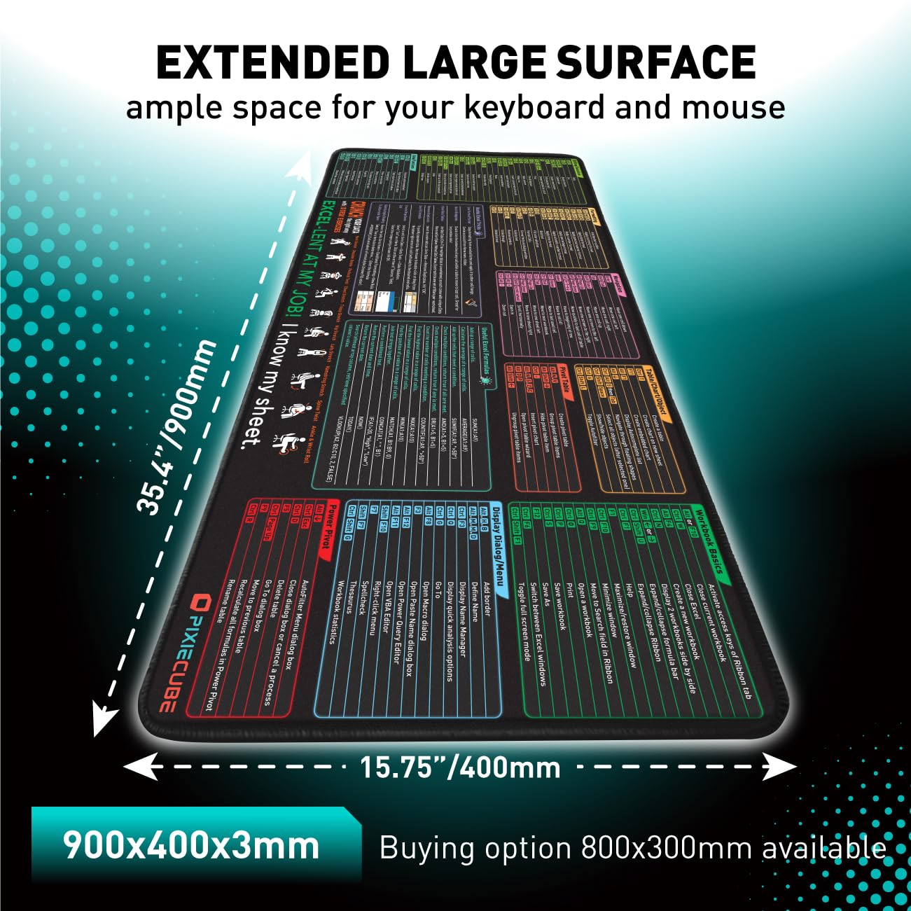 Excel Shortcut Keys Mouse Pad - Extended Large XXL Cheat Sheet Gaming Mousepad | PC Office Spreadsheet Keyboard Mat | Non-Slip Stitched Edge