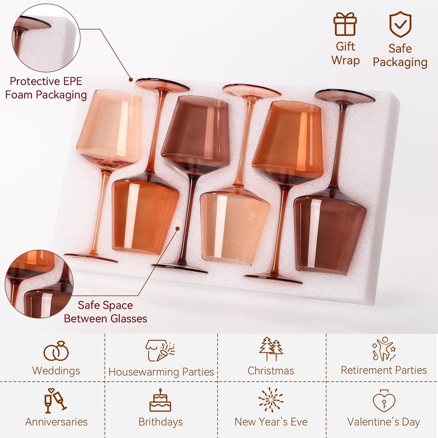 Venus Wine Glasses Set of 6-18oz【Hand Blown】 Crystal Amber Stemmed Wine Glasses-Brown Wine Glass Set for Fall Autumn Winter Wine Dinner
