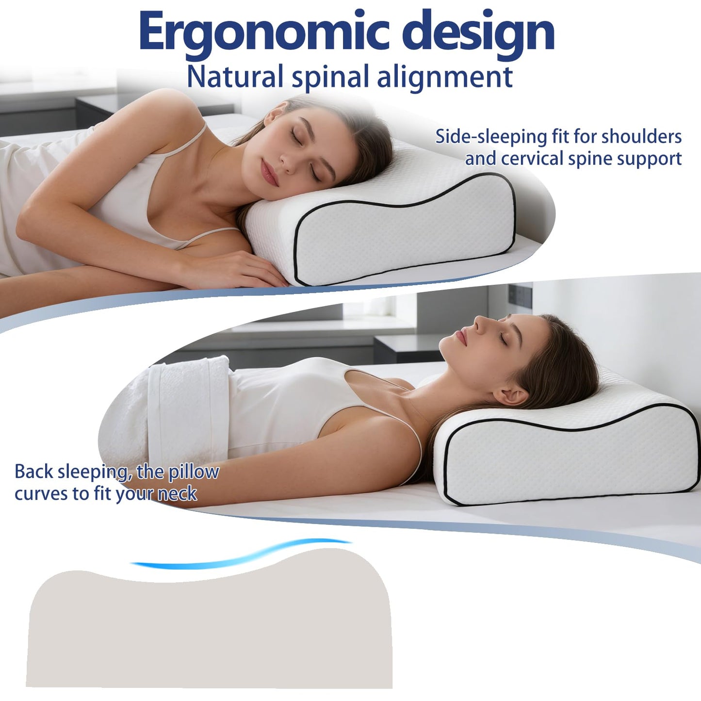Natural Latex Pillow for Sleeping, Ergonomic Cervical Pillow for Neck Support, 90% Latex Core with Breathable Removable Washable Cover, Contour Bed Pillow for Side & Back Sleepers (White 40 * 60cm)