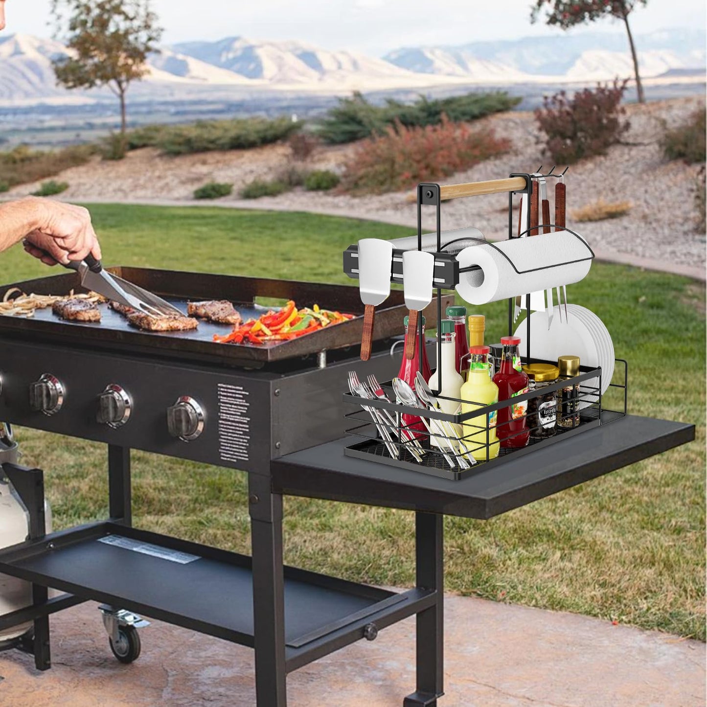 NEYCIL Grill Caddy, BBQ Caddy with Magnetic Tool & Paper Towel Holders, Picnic Utensil Condiment Caddy, Barbecue Grill Tool Organizer for Outdoor Camping, Cooking, Camper
