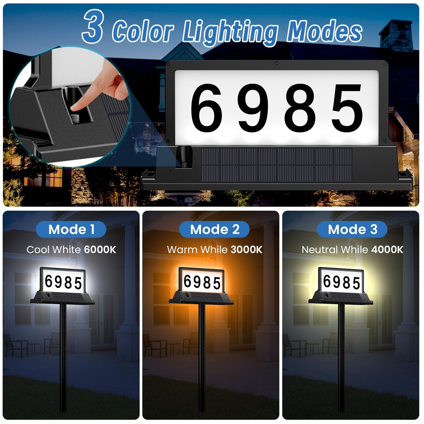 Solar Address Sign for House Numbers – Dual-Sided LED & Dual-Sided Solar Panels, 8 Color Modes, IP65 Waterproof Address Plaque, Strong Magnetic/Stake/Wall Mount, Dusk-to-Dawn for Mailbox Yard Driveway