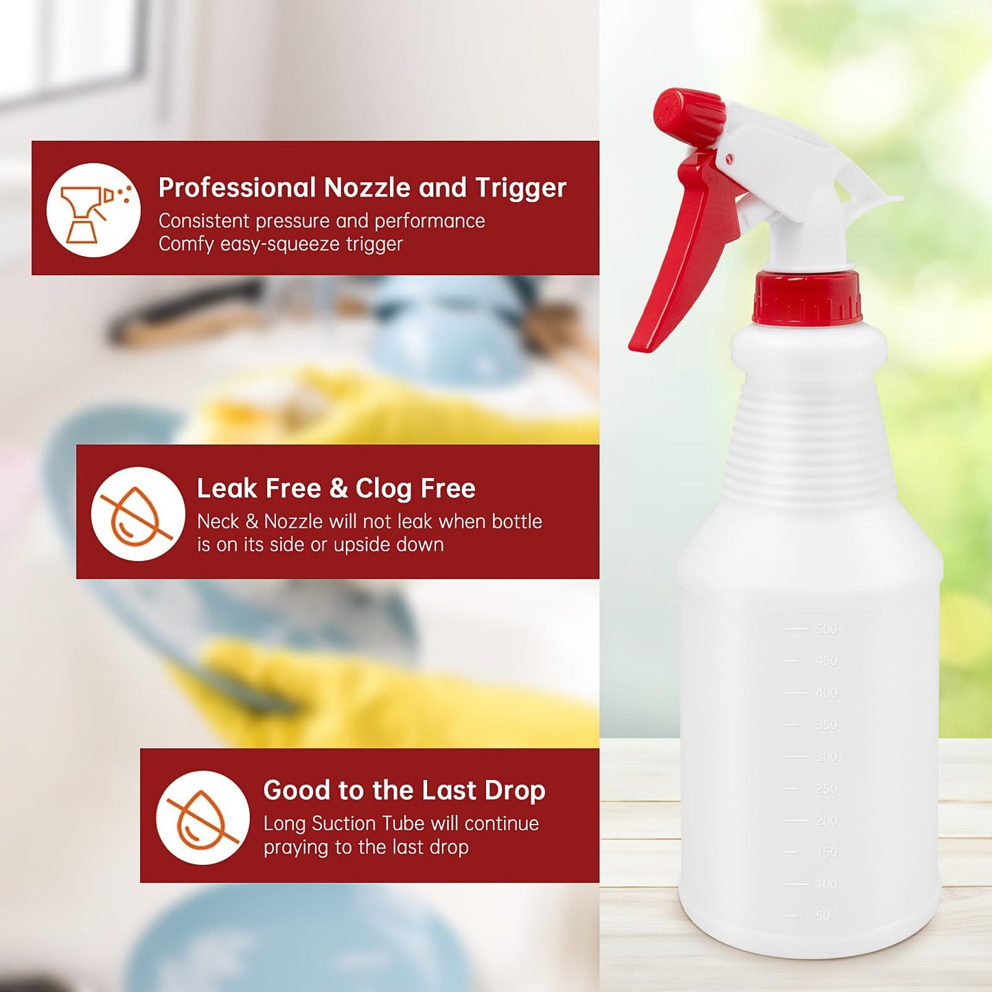 10 Pack Plastic Spray Bottles, 24 oz Refillable Empty Spray Bottle with Measurements & Label, Leakproof Water Spray Bottle with Adjustable Nozzle, Mist Sprayer Bottle for Hair Plant