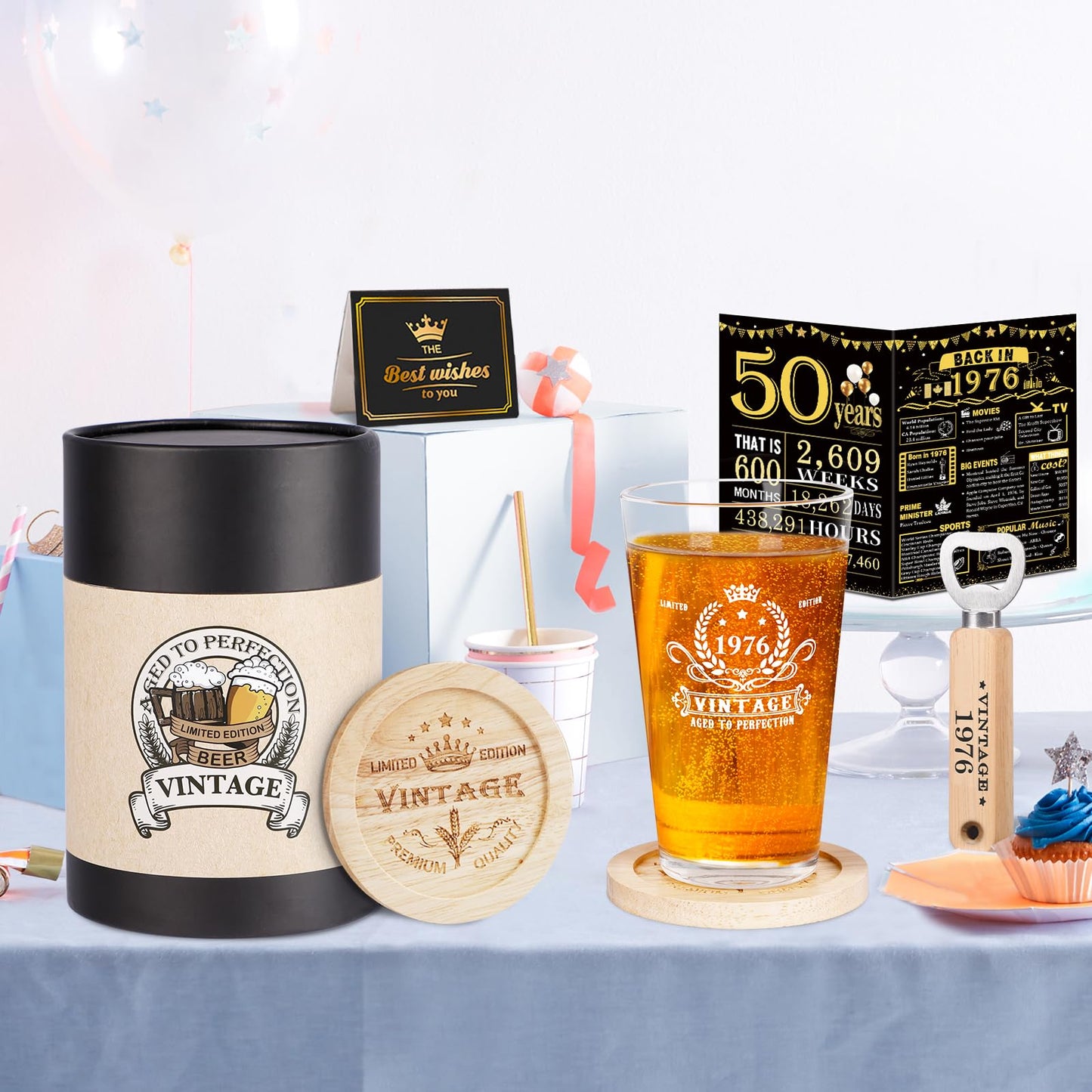 50th Birthday Gifts for Men, Vintage 1976 Beer Glass, Wooden Bottle Opener, Vintage Beer Box, Wooden Coaster, 1976 Greeting Card and Poster Anniversary Card 50th Birthday Gift Ideas for Him,Men