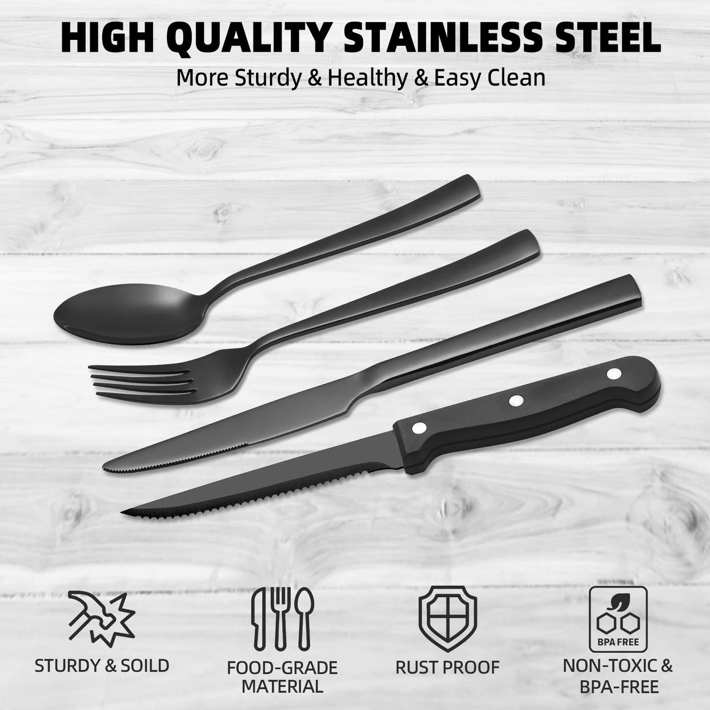 24-Piece Stainless Steel Black Silverware Set - CEKEE Flatware Kitchen Utensils Cutlery Set for Home & Restaurant, Premium Knife Fork Spoon with Steak Knives, Heavy Duty & Dishwasher Safe