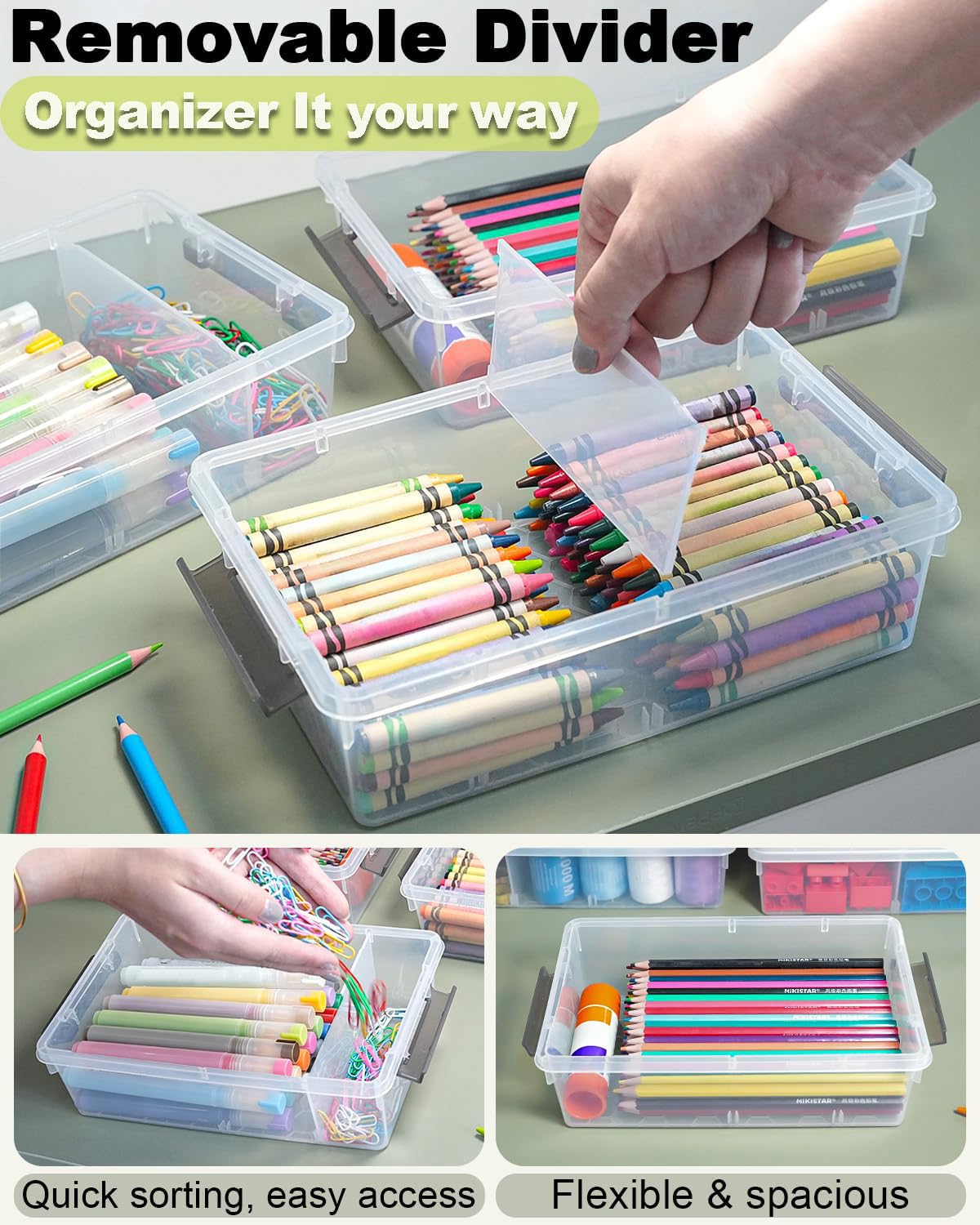 GEOPHIA 12 Pack Extra Large Pencil Box with Removable Dividers, Thickened Plastic Pencil Case Bulk, Clear Crayon Storage Box Stackable Marker Organizer Containers for Pen, Craft, Art (12 Pack)