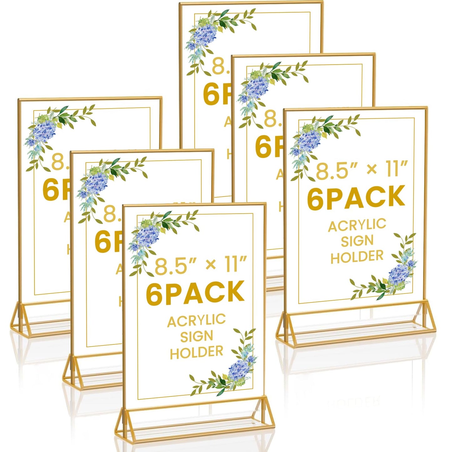 6 Pack Acrylic Gold Sign Holder, 8.5 x 11 Inch Clear Double Sided Picture Frame, Table Menu Display Stand Flyer Holder for Table Numbers, Photos, Restaurant, Wedding, Office (8.5 x 11 Inch)