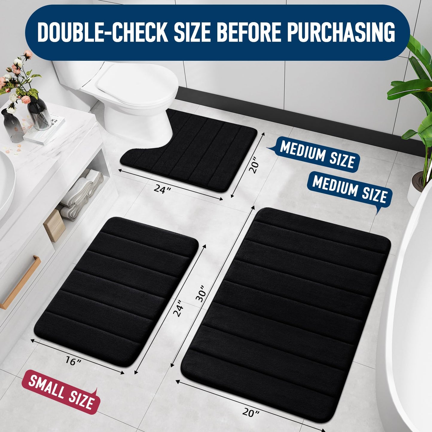 OLANLY Soft Memory Foam Bath Mat, Non-Slip and Super Absorbent Bathroom Mat, Machine Washable Quick Dry Bath Mats for Bathroom, Shower, and Tub, 24" x 36", Black
