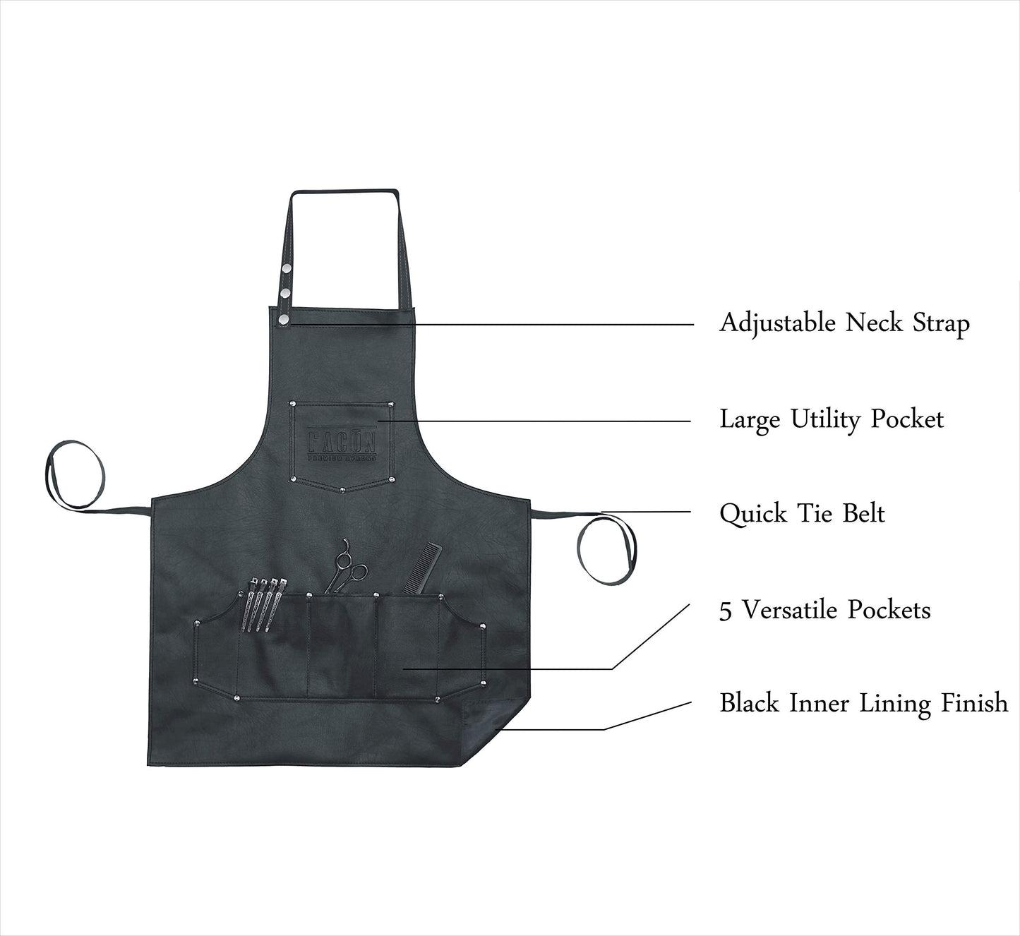 Facón Professional Leather Hair Cutting Hairdressing Barber Apron Cape for Salon Hairstylist - Multi-use Adjustable with 8 pockets - Heavy Duty Premium Quality - Limited Edition - 30" x 24" (Black)