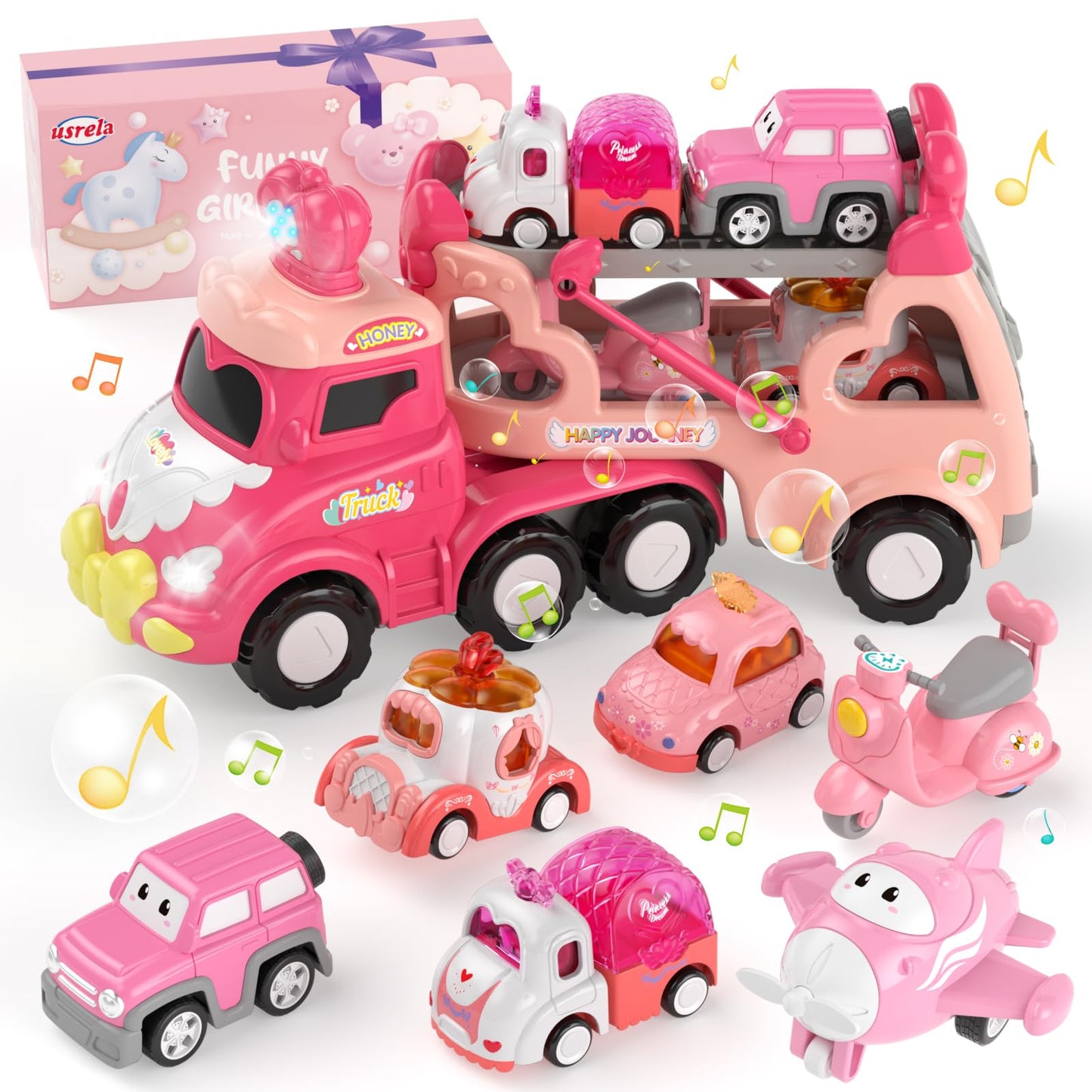Toddler Girl Truck Car Toys for 1 2 3 Year Old Girl Birthday Gifts, 7-in-1 Pink Princess Transport Carrier Trucks for Toddlers 1-3, Friction Power Toy Cars with Lights & Music, My Daughter First Gift