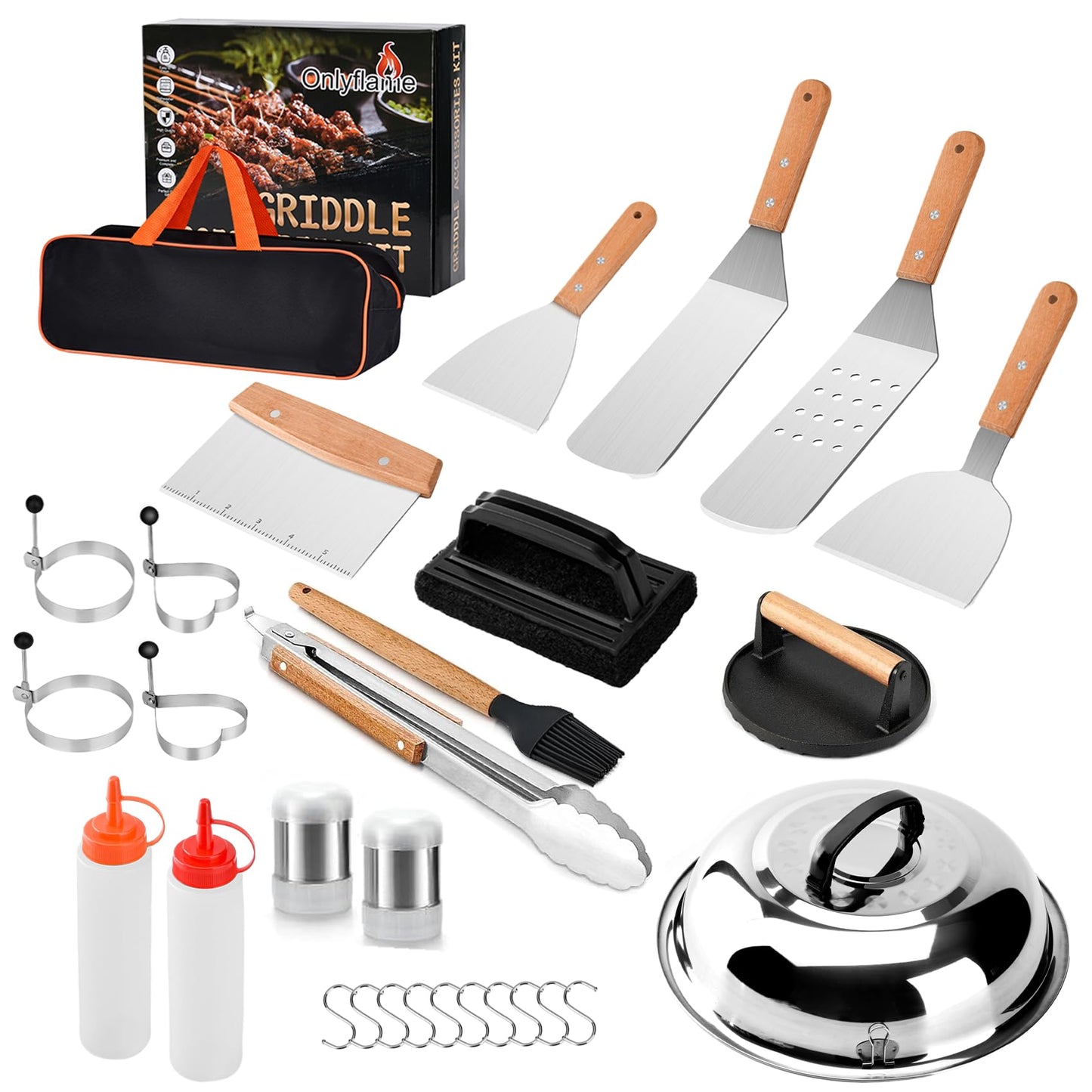 Onlyflame 29PCS Professional BBQ Griddle Tool Kit for Flat Top Grill Blackstone and Camp Chef - Stainless Steel Griddle Spatulas Accessories Kit with Basting Cover, Carry Bag and More Tools