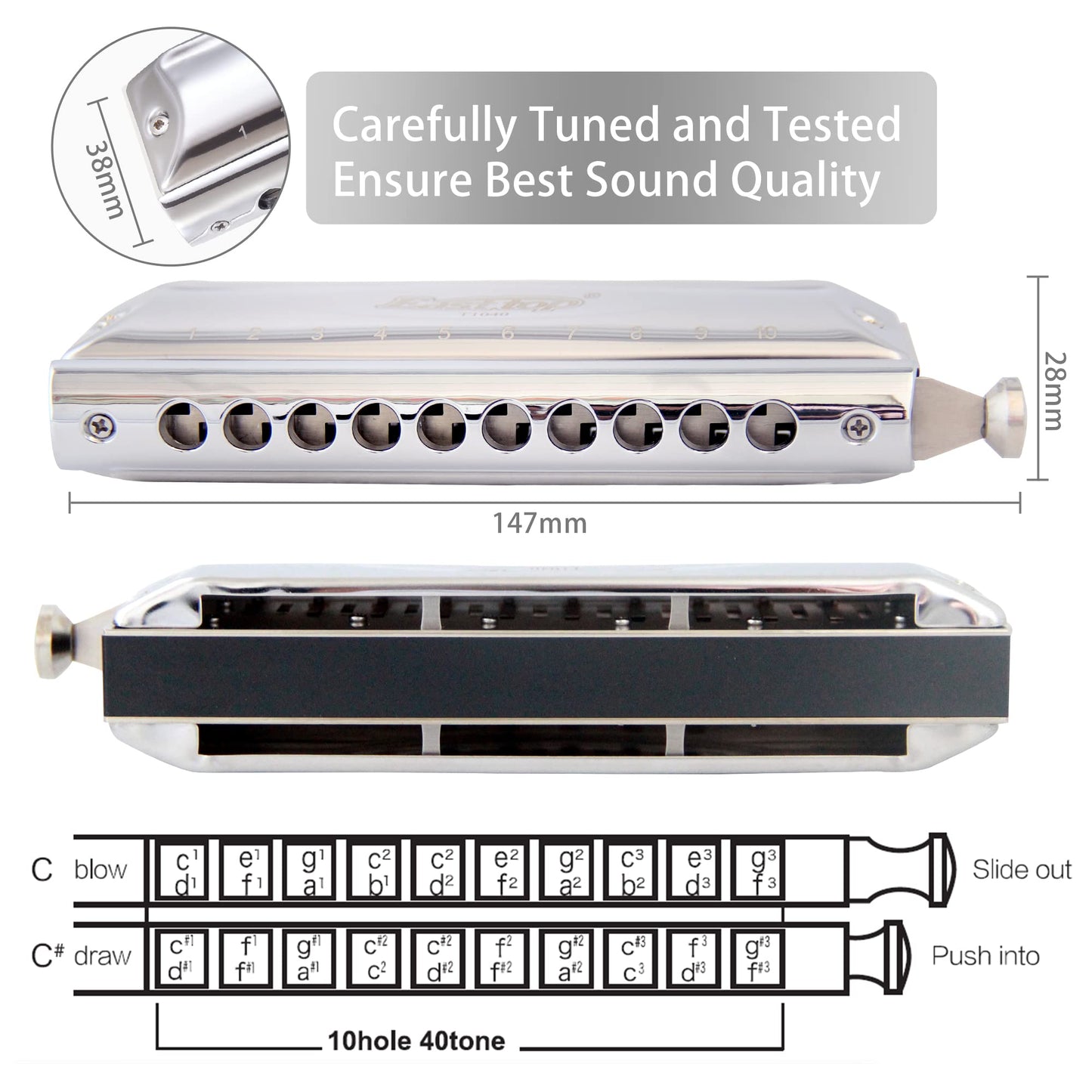East top Chromatic Harmonica key of C, 10 Holes 40 Tunes Chromatic Harmonica Mouth Organ Musical Instrument for Adults, Beginners, Professionals and Students