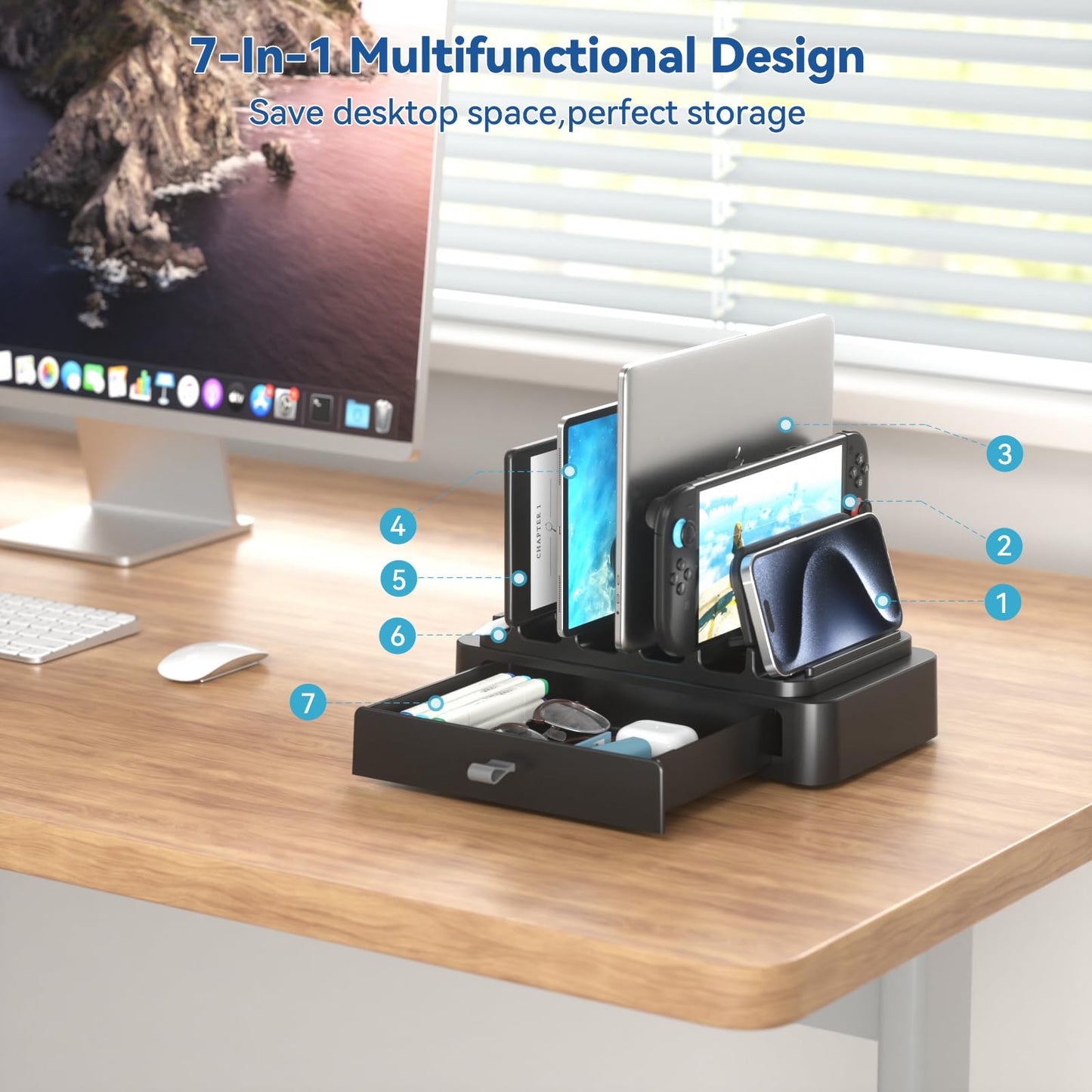 KDD Vertical Laptop Stand with Drawer, 7-in-1 Space-Saving Laptop Holder Organizer with Gravity Locking Fits MacBook Pro Air, Chromebook, Surface, HP, Dell, Tablet, Switch