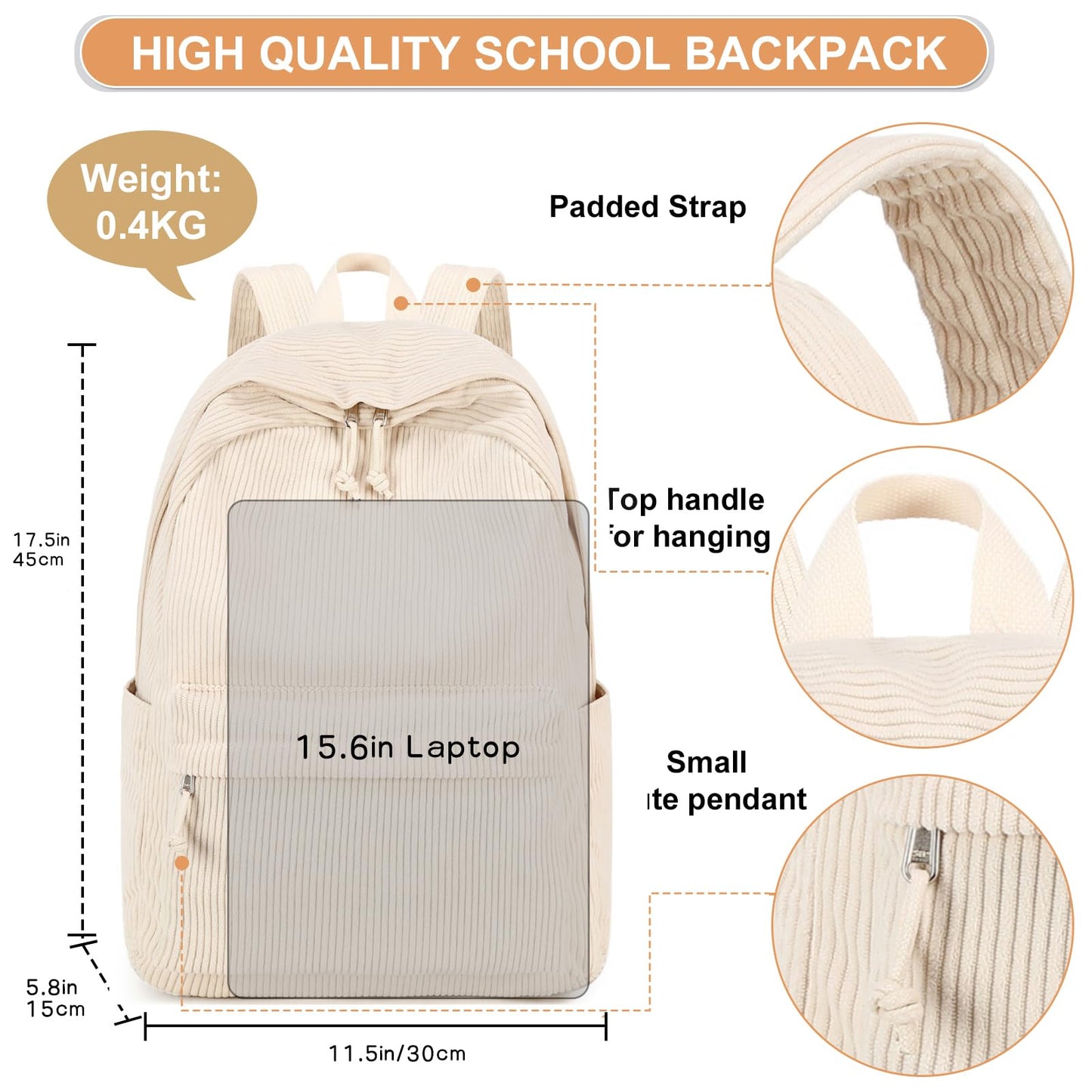 School Backpack for Teens Large Corduroy Bookbag Lightweight Girls Boys Casual High School College Backpacks, Beige, 17 inch, Classic