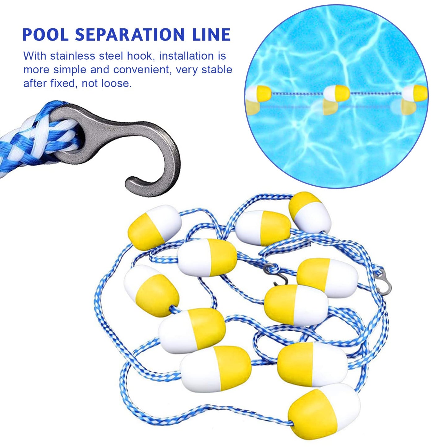 YUEWO 18' Swimming Pool Safety Float Line Divider Rope Kits with 2 Pre-Assembled Stainless Hooks Pool Accessories for Inground Swimming Pool