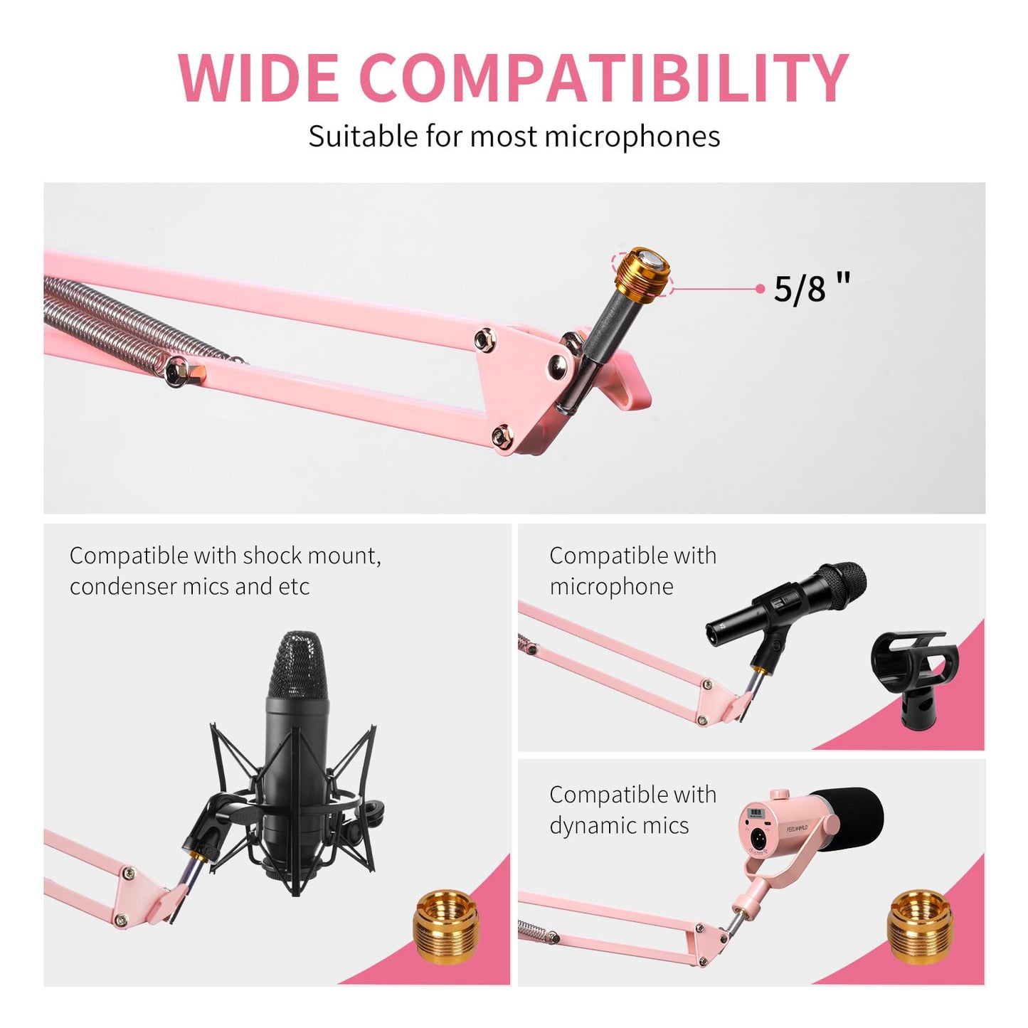 FEELWORLD AMS1 Microphone Boom Arm, Adjustable Mic Arm Stand with 3/8” to 5/8” Screw, Compatible with PM1 and other Mics for Podcast Straming Gaming Studio （Pink)