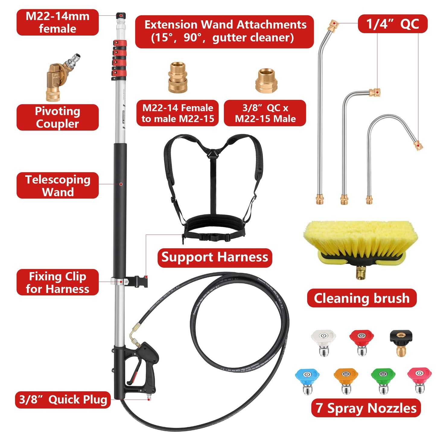 24 FT Telescoping Pressure Washer Wand - High Pressure Washer Wand Included Power Washer Extension Wands, Gutter Cleaner, Brush, Spray Nozzle Tips, Hose Adapters and Support Belt (24FT-HSE)