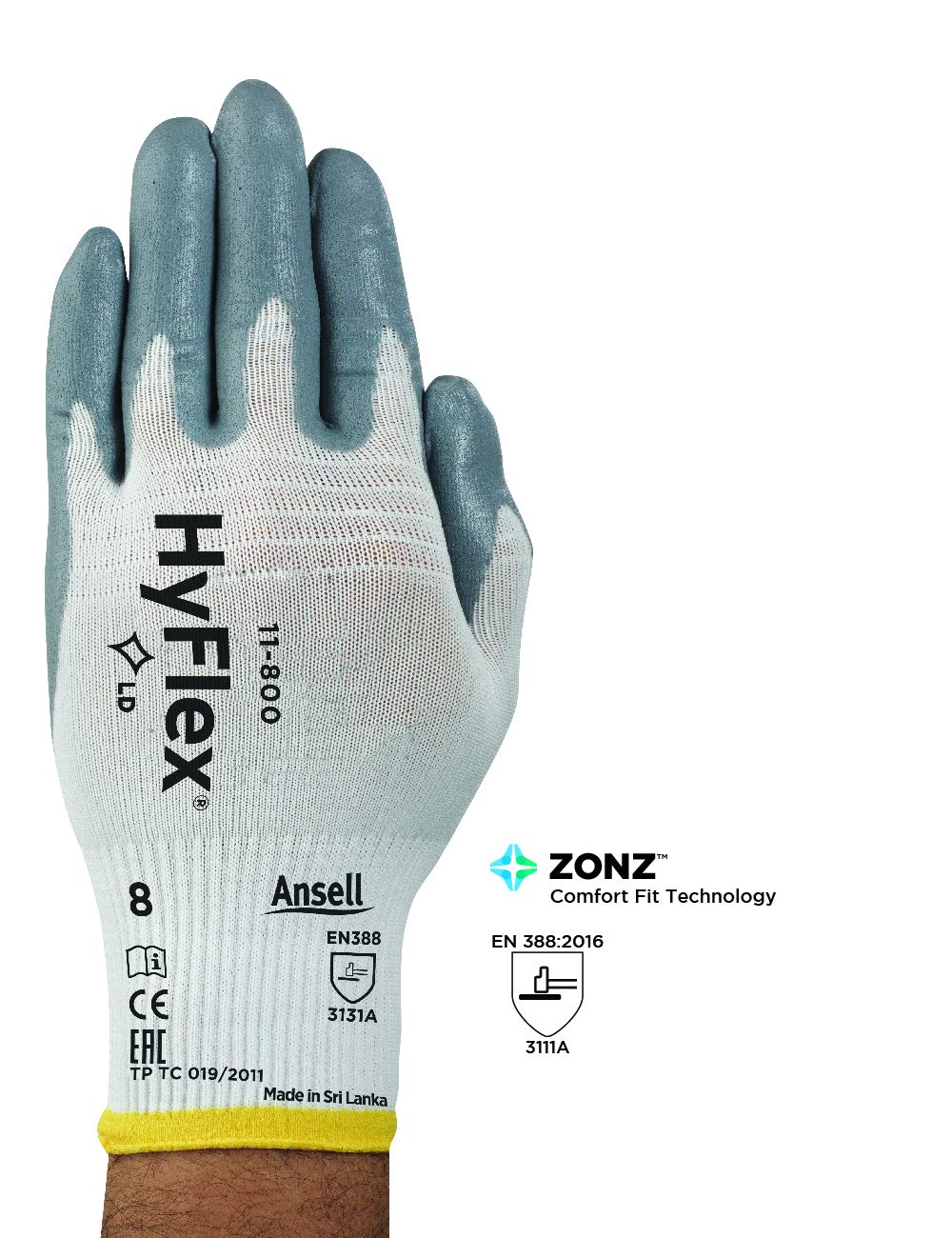Ansell HyFlex 11-800 Nylon Glove, Gray Foam Nitrile Coating, Knit Wrist Cuff, Large, Size 9 (Pack of 12)