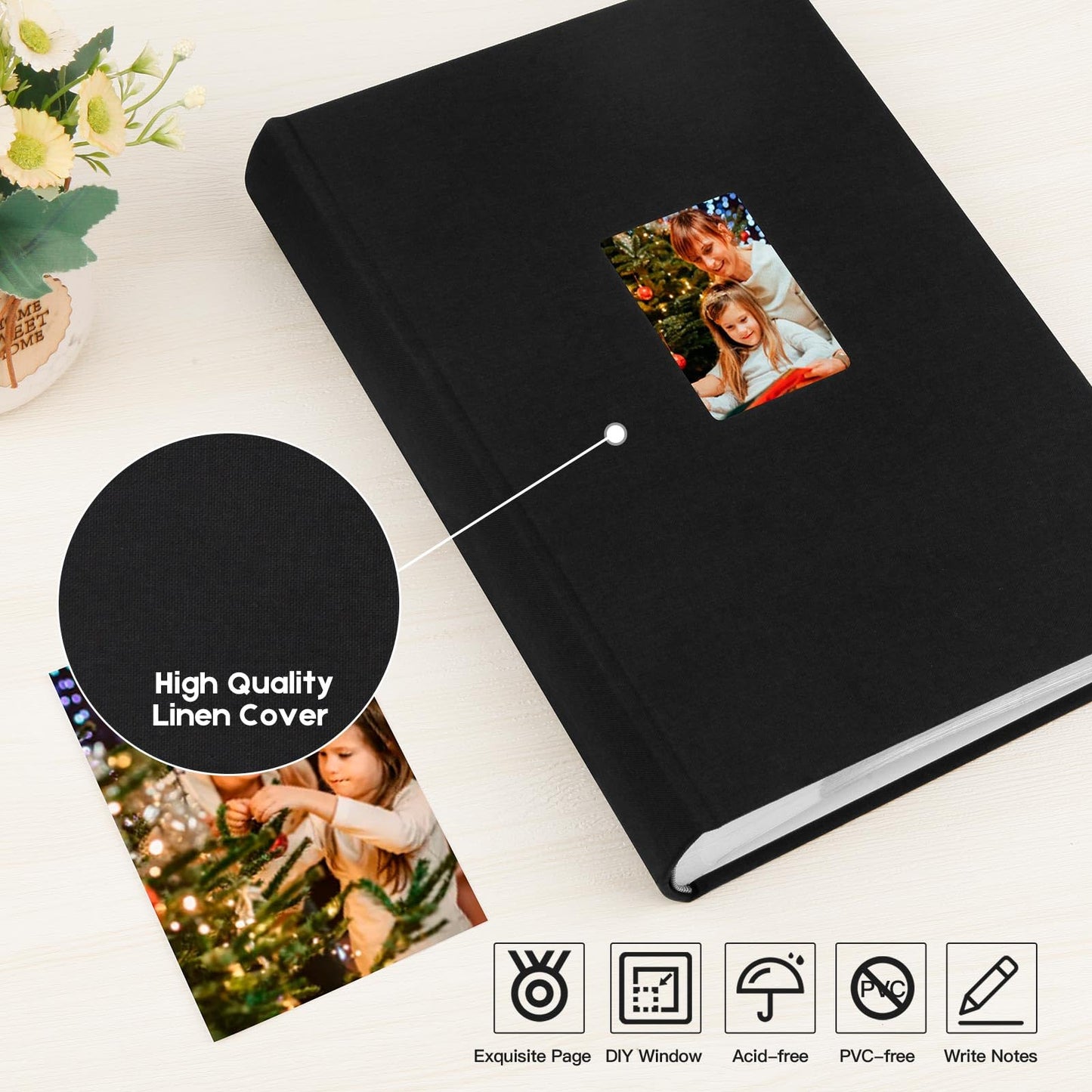 Xfveiwoo Photo Album 4x6 450 Pictures with Writing Space, Linen Cover Photo Book with Front Display Window for Family Wedding Baby Travel Memories, Black