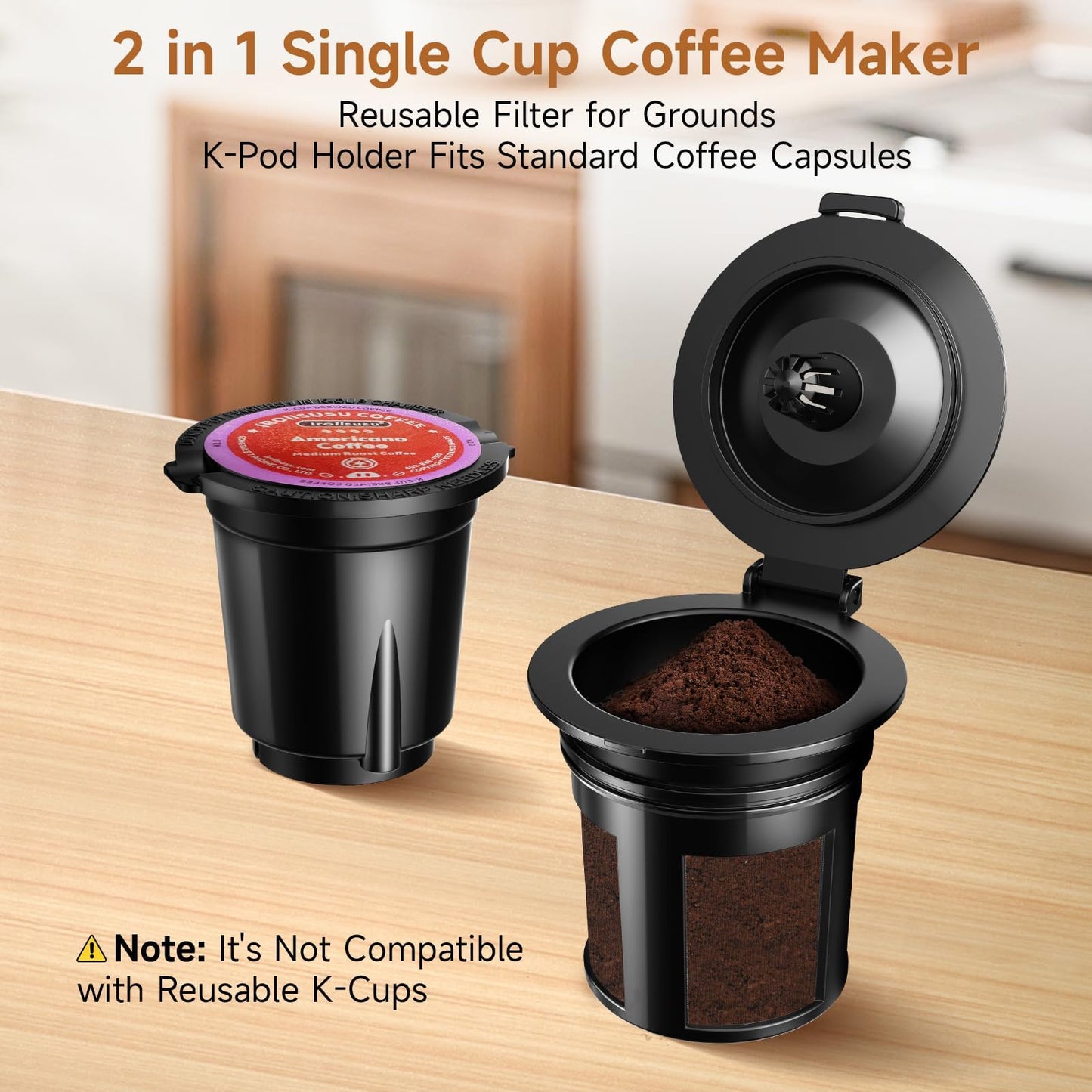 Small Single Serve Coffee Maker, Fast Brew One Cup Coffee Machine for K Cup and Grounds, 6 to 12 oz. Brew Sizes, Capsule Coffee Machine with Descaling Reminder and Viewing Tank, Black