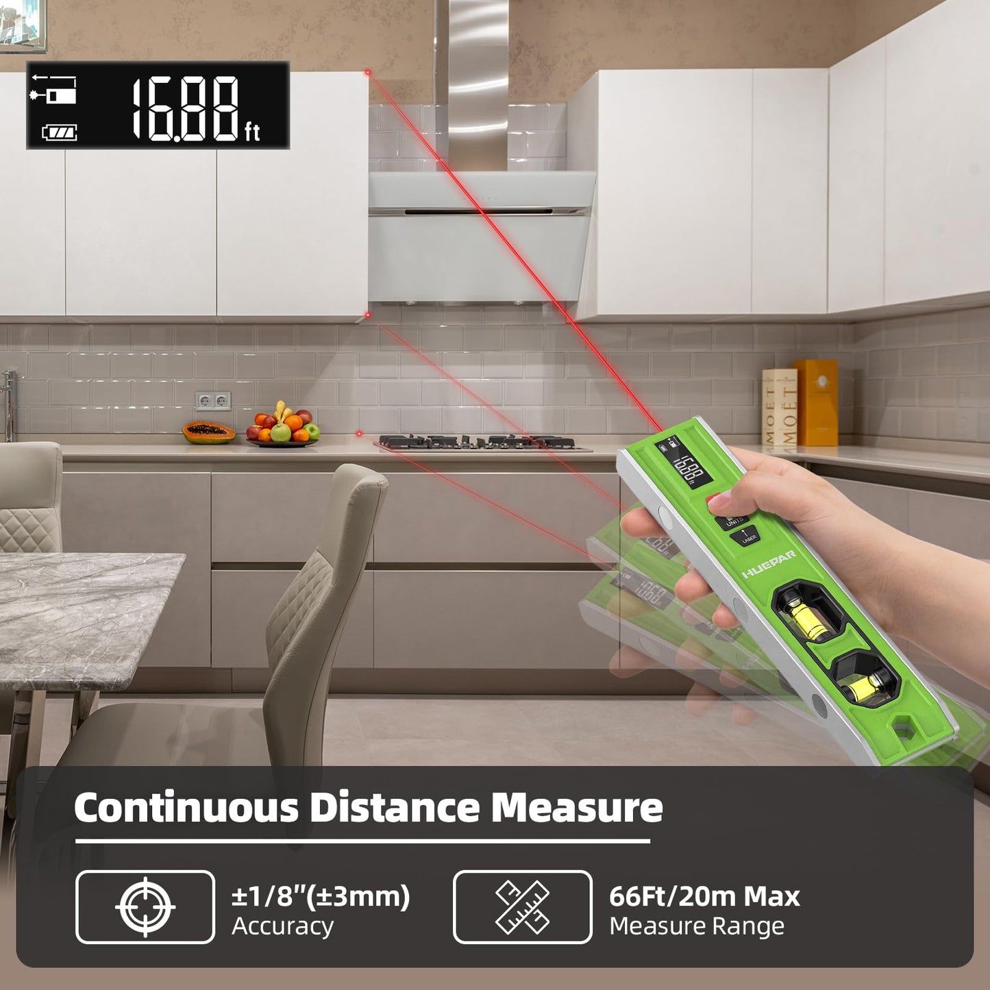 Huepar Rechargeable 3-in-1 Laser Leveling Tool with Light, Bubble Level and 66Ft Laser Distance Measure, 10 Inch Torpedo Level, Magnetic Spirit Level for Construction or Home Renovation