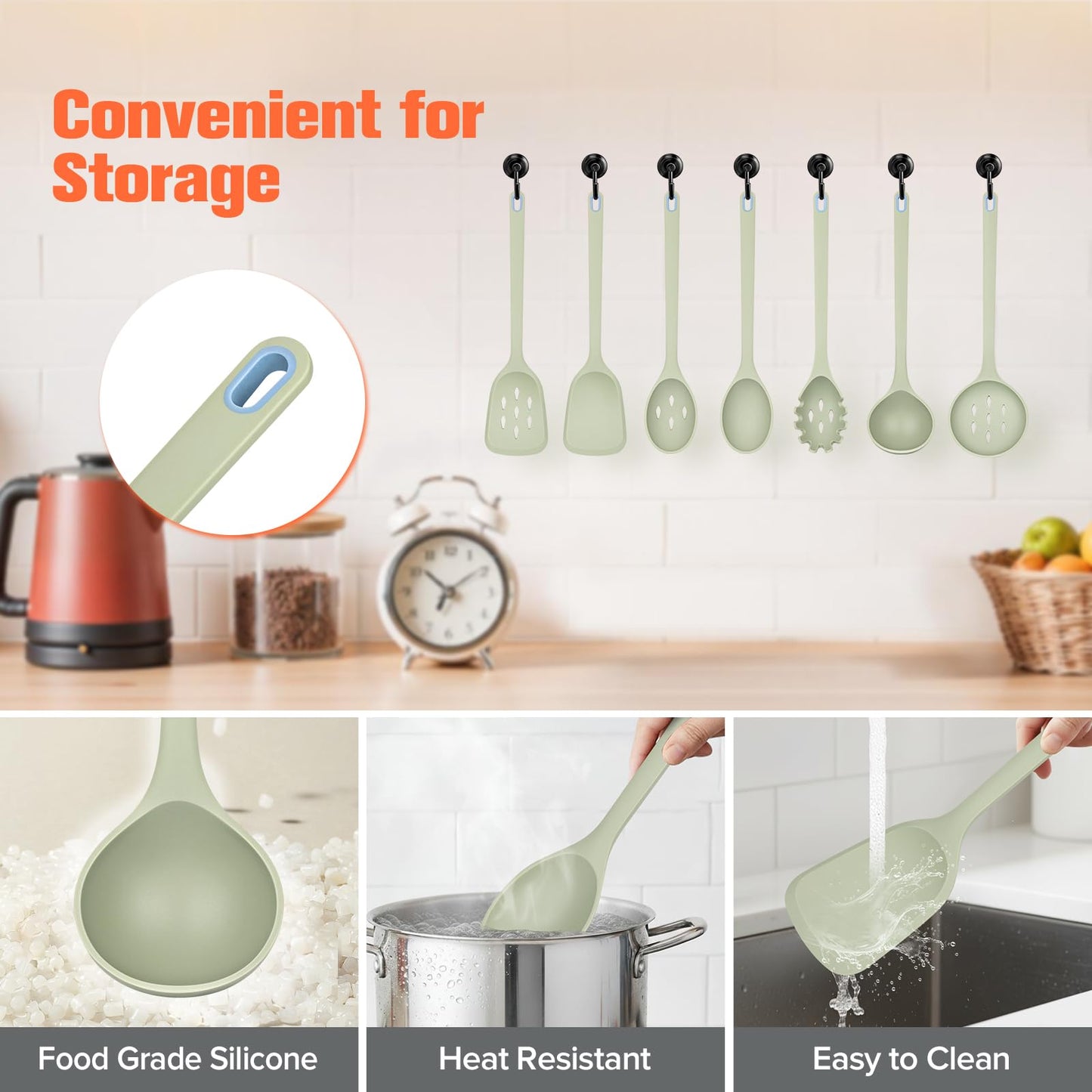 Large Silicone Utensils Set of 7 for Cooking,No Scratch for Nonstick Cookware Pasta Server,Spaghetti Spoon,Slotted Spoon&Spatula,Solid Spoon&Spatula,Skimmer,Soup Ladle BPA Free Heat Resistant (Green)