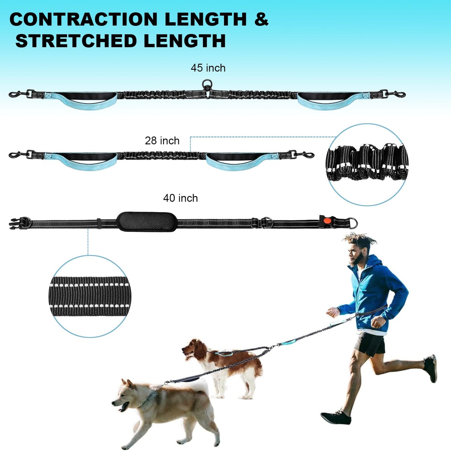 Hands Free Dog Leash, Double Dog Leash, Waist Dog Running Leash for Comfortable Walking Jogging Training Hiking, Long Padded No Tangle 360° Swivel Clasp Adjustable Dual Dog Lead Leashes