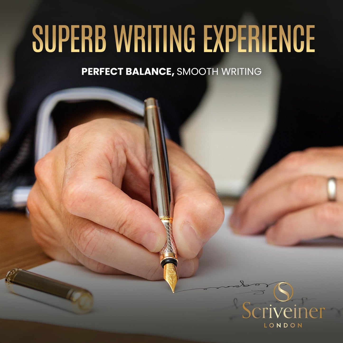 Scriveiner Silver Chrome Fountain Pen – Luxury Pen with Precision German Schmidt Medium Nib, Gold Plated Detailing, Balanced Construction, Effortlessly Smooth Executive Writing Gift Set