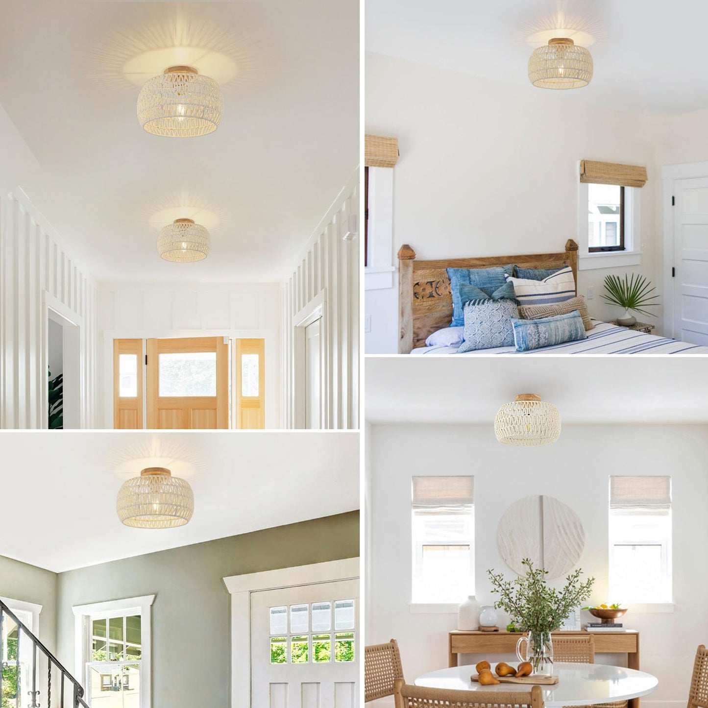 Cream White Rattan Light Fixtures,Boho Ceiling Light Chandelier,Rattan Flush Mount Ceiling Light Hand-Woven Lamp Shade Small Chandelier Light for Bedroom Kitchen Entryway Chandelier Nursery Light
