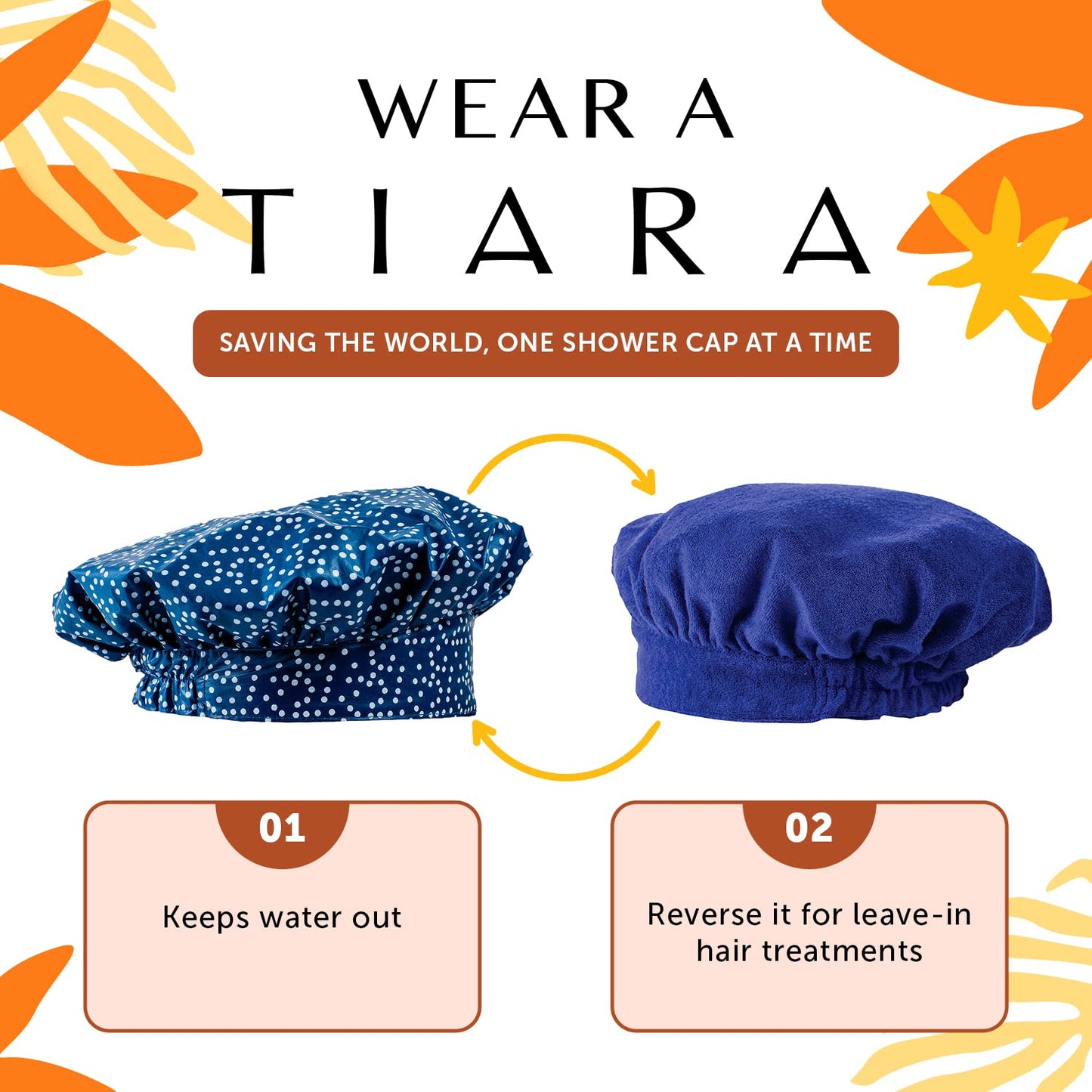 TIARA Shower Cap for Women, Terry Lined – Leak-Free, Washable and Waterproof Shower Cap – Reusable Shower Cap for all Hair Lengths/Styles – Also Works as a Deep Conditioning Cap – Dots Blue