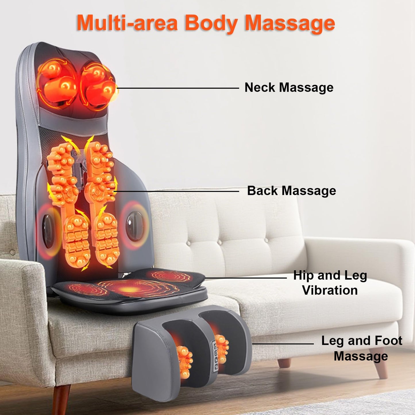 Back and Neck Massage cushion with heat, 5 massage modes, 4 vibration modes and 3 heating modes Massage Chair Pad, with removable multifunctional leg and foot massager, for Office,Home