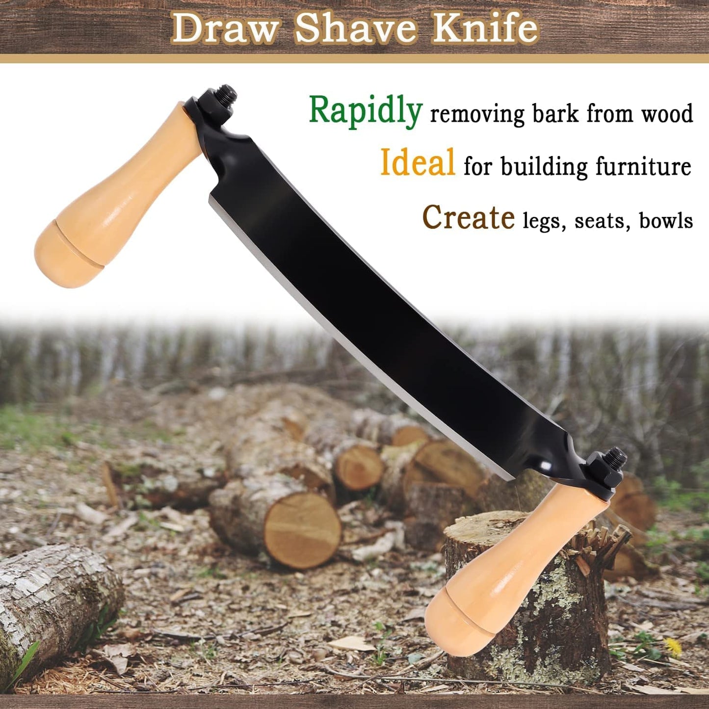 Draw Curved Shave Tool - 10in Woodworking Debarking Hand Tool, Ultra-Sharp Bark Knife with Wooden Handle